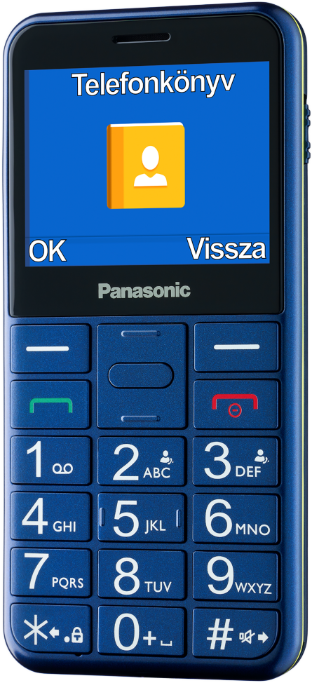 Egy kék Panasonic telefon, nagyméretű kijelzővel, amely egy névjegy ikont mutat a telefonkönyv menüben.