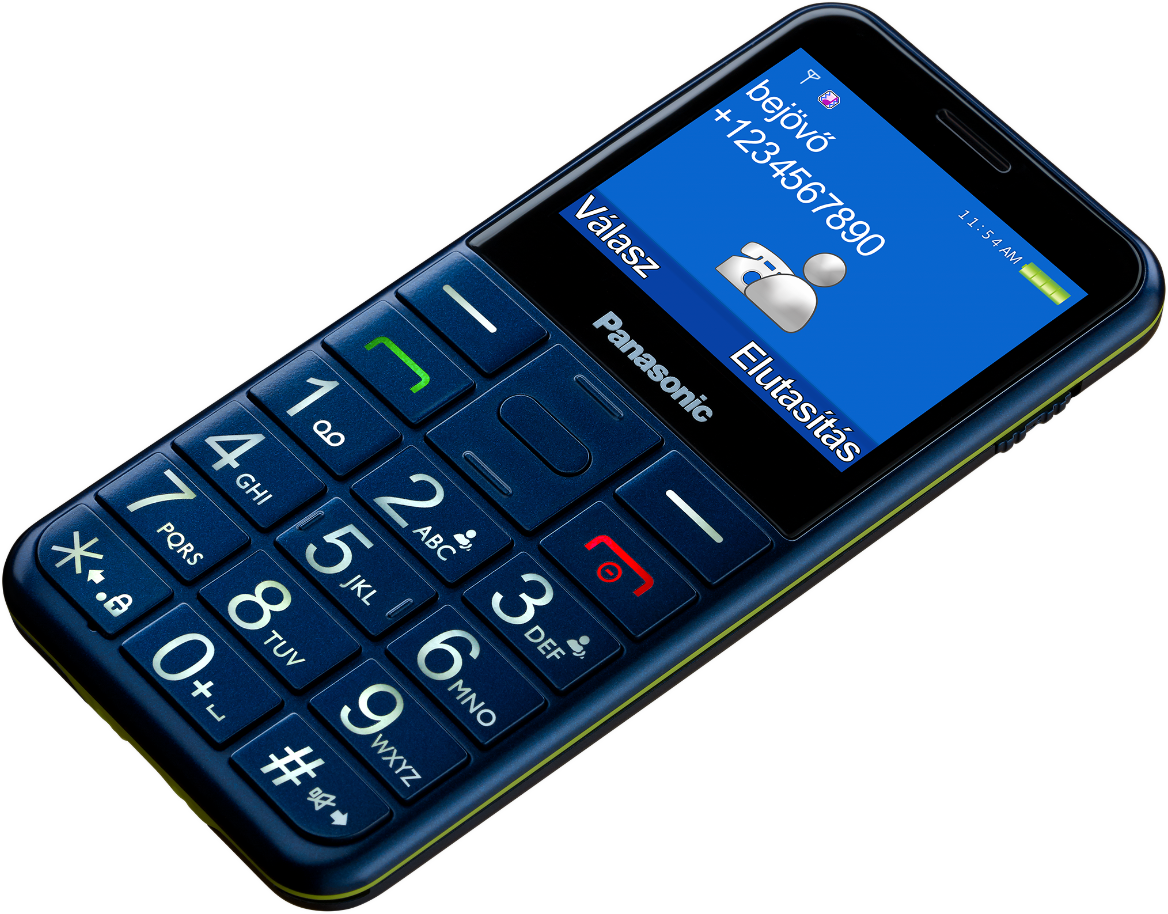 Egy kék Panasonic telefon nagy gombokkal és egy bejövő hívást mutató képernyővel.