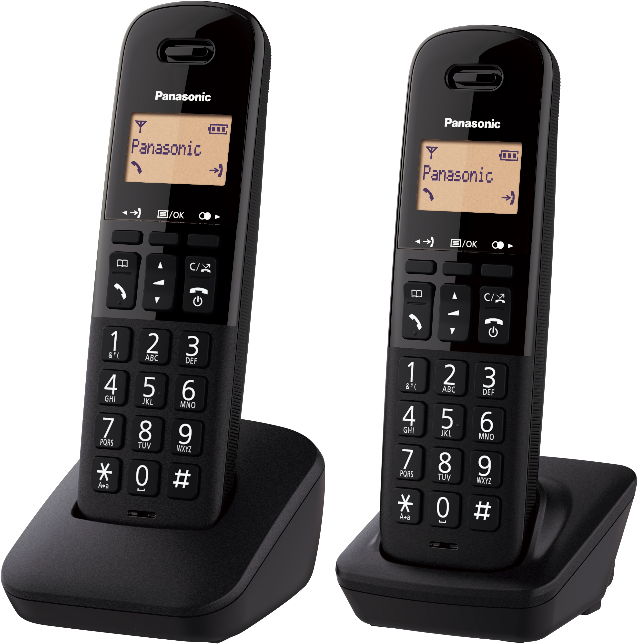 Két fekete Panasonic vezeték nélküli telefon, az alapjukkal, fekete háttér előtt.