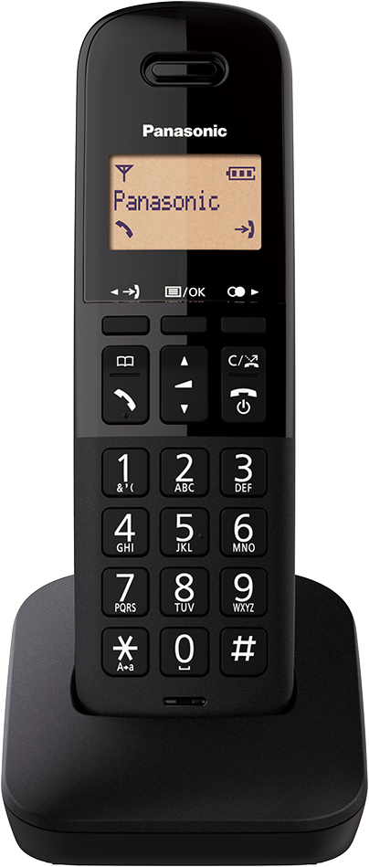 Fekete Panasonic vezeték nélküli telefon és töltőállomása. A telefonon kijelző és számgombok vannak.
