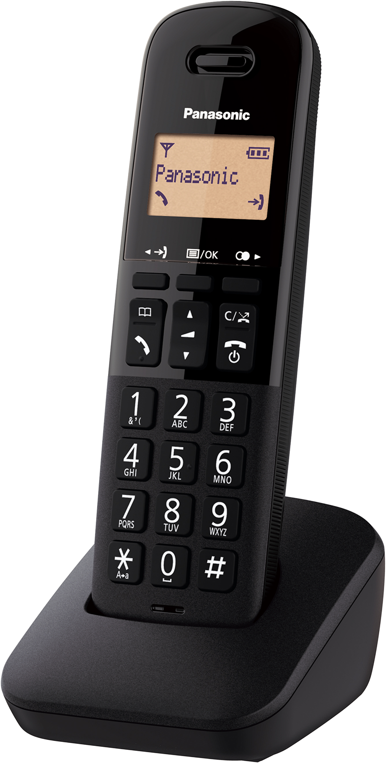 Egy fekete Panasonic vezeték nélküli telefon a töltőállomásán.
