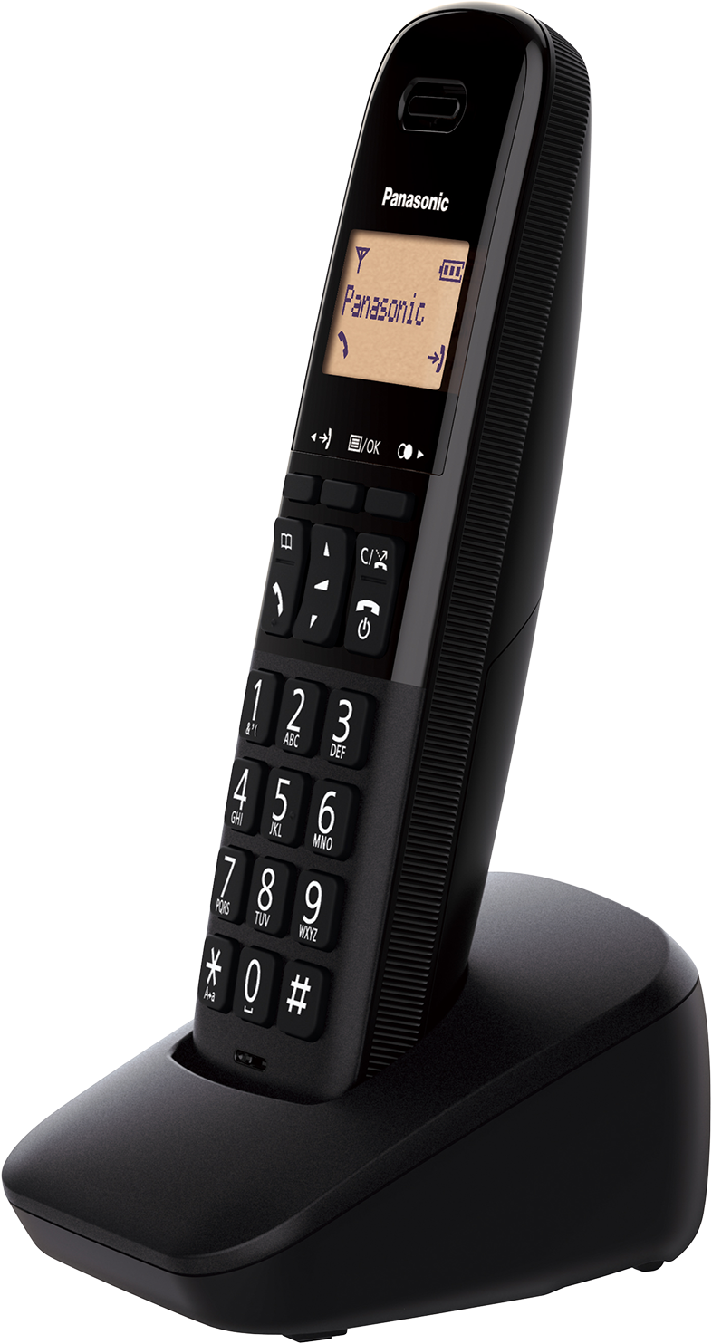 Fekete Panasonic vezeték nélküli telefon a töltőbázison. A telefonon képernyő és numerikus billentyűzet található.