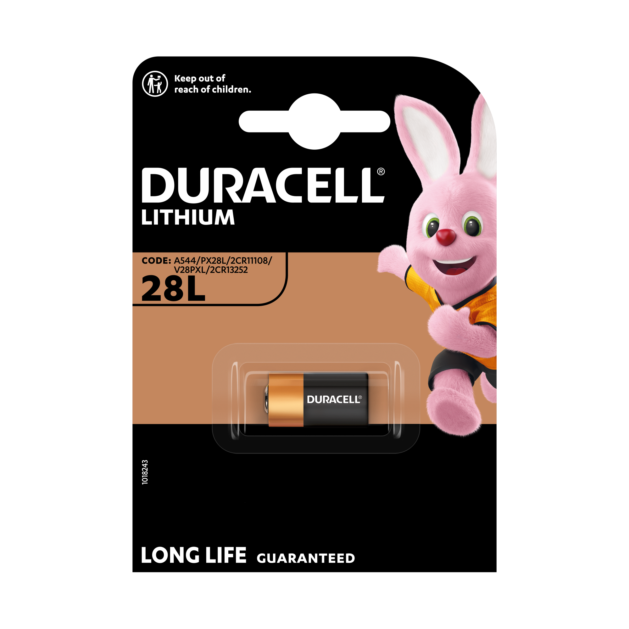 Duracell-Batterie, braun und orange. Pinkes Hasenmaskottchen rechts.