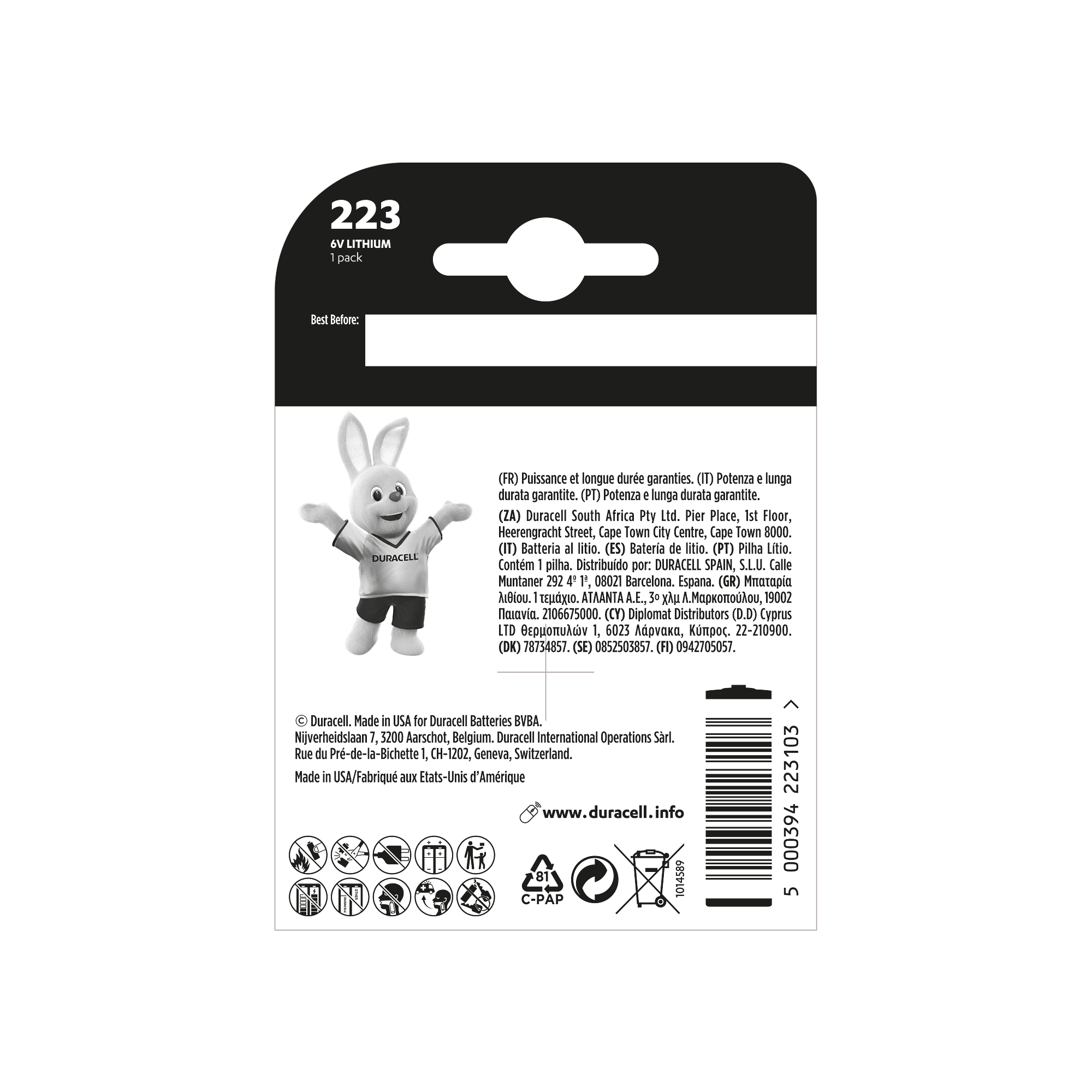 Duracell 223 Batteriepack mit Häschen-Maskottchen, Produktinfo und Sicherheitshinweisen auf Schwarz.