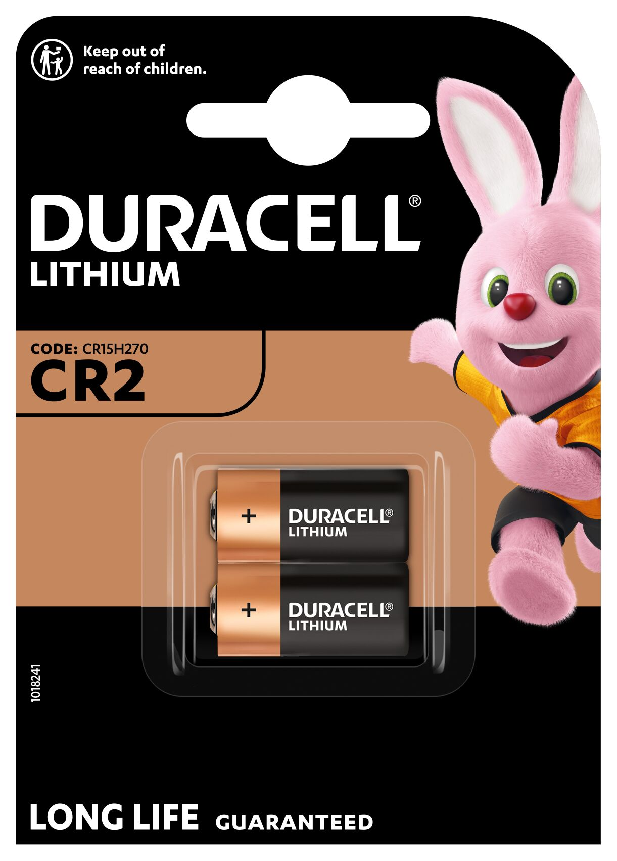 Duracell Lithium CR2 Batterien in Blisterverpackung mit einem rosa Hasen.