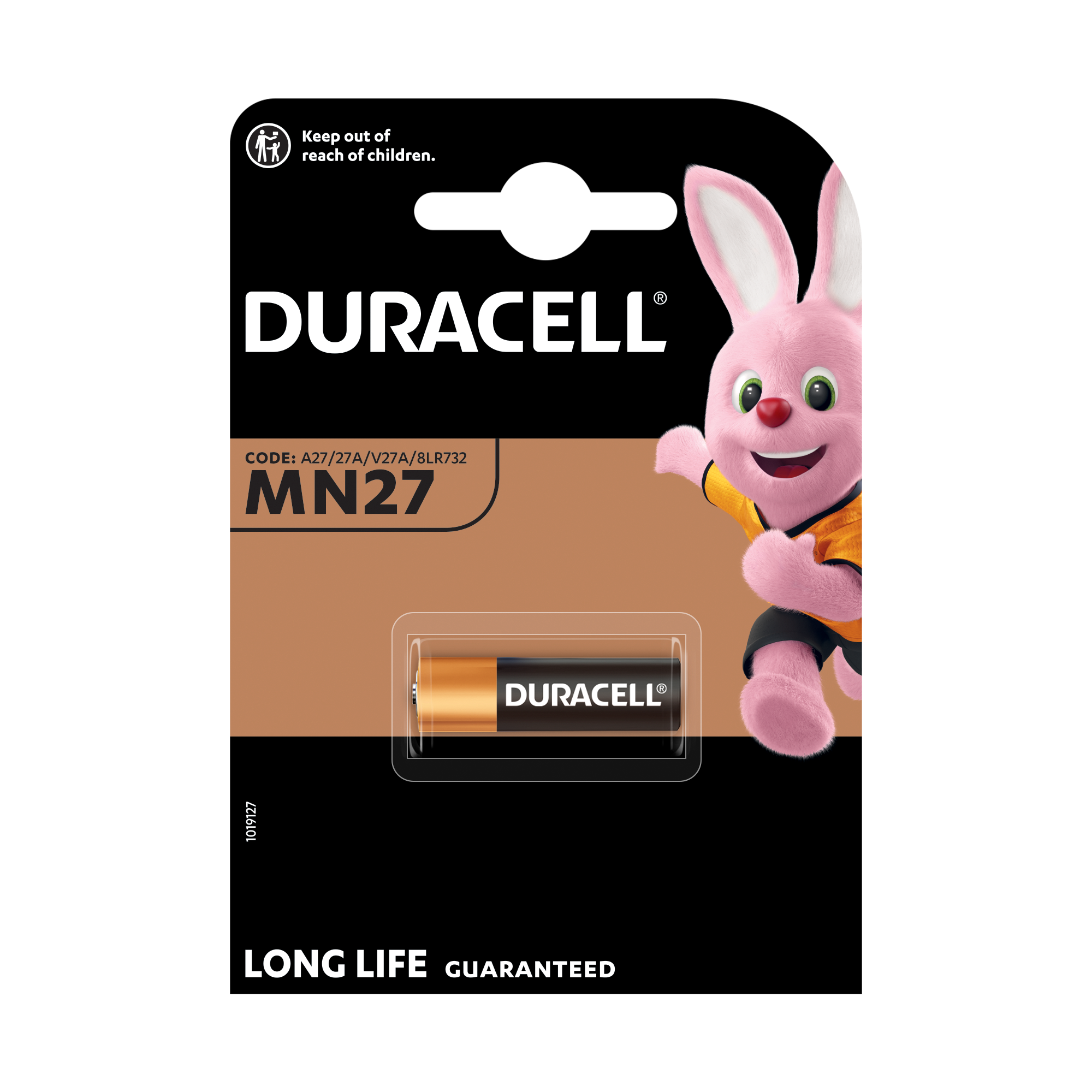 Duracell MN27 Batteriepack. Die Packung ist schwarz und orange. Pinkes Duracell-Häschen ist an der Seite.