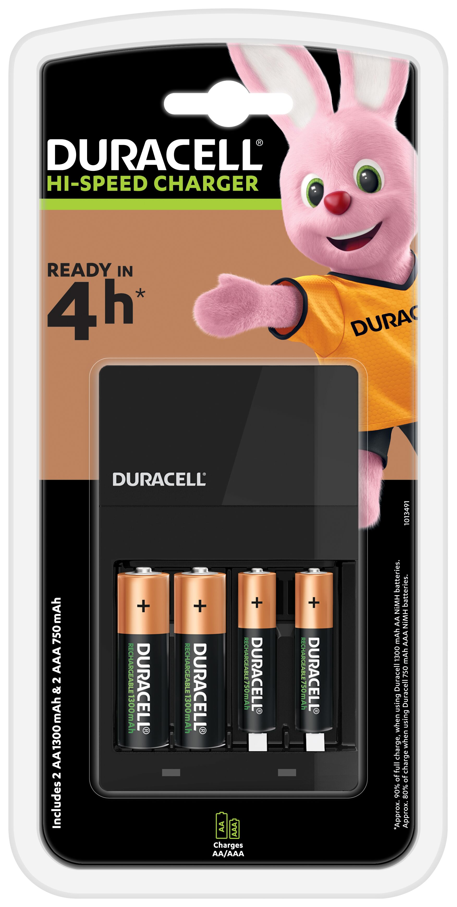 Eine Duracell Hi-Speed Ladegerät-Verpackung mit Batterien und einem Hasen.