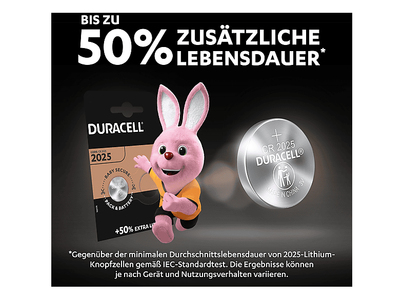 Duracell 2025 Lithium Knopfbatterie, 2er Pack (DL2025/CR2025); Knopfzelle — Foto 2 von 5