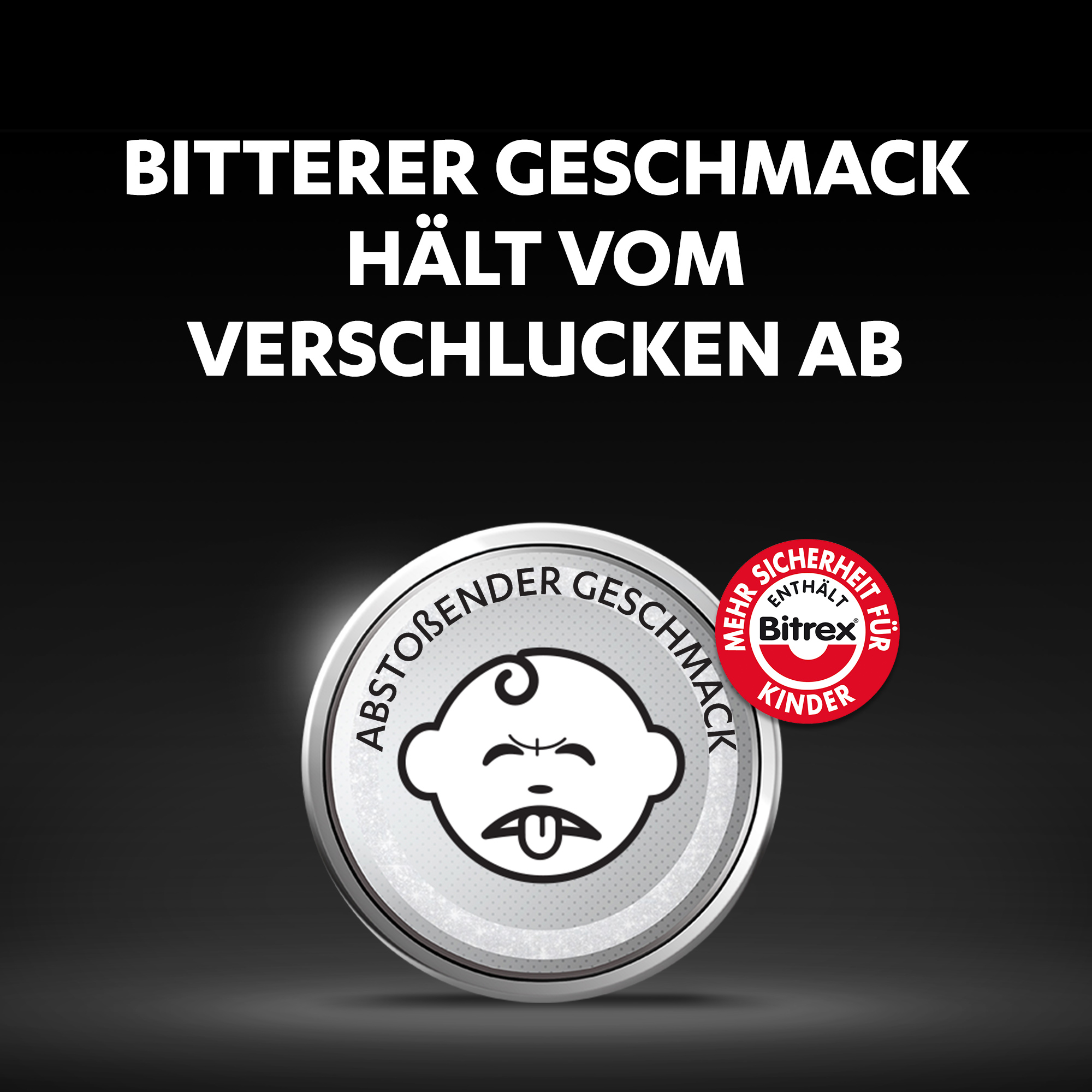 Bild mit Text: Bitterer Geschmack verhindert das Schlucken. Ein Baby mit angewidertem Gesicht.