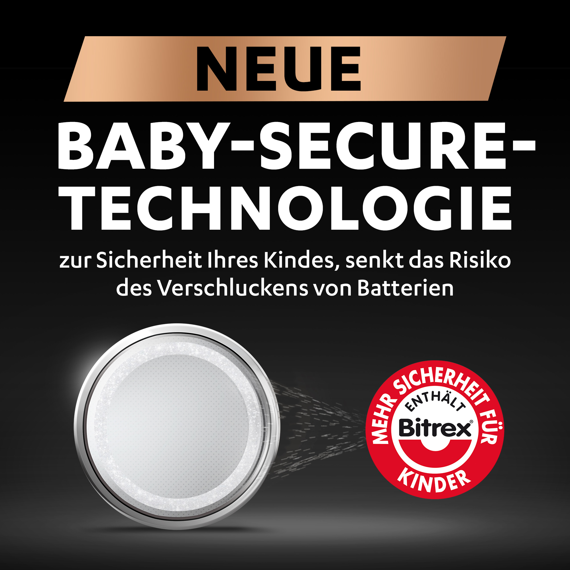 Eine Werbung mit deutschem Text, einer Batterie und einem roten Kreis mit Text, der die Sicherheit für Kinder fördert.