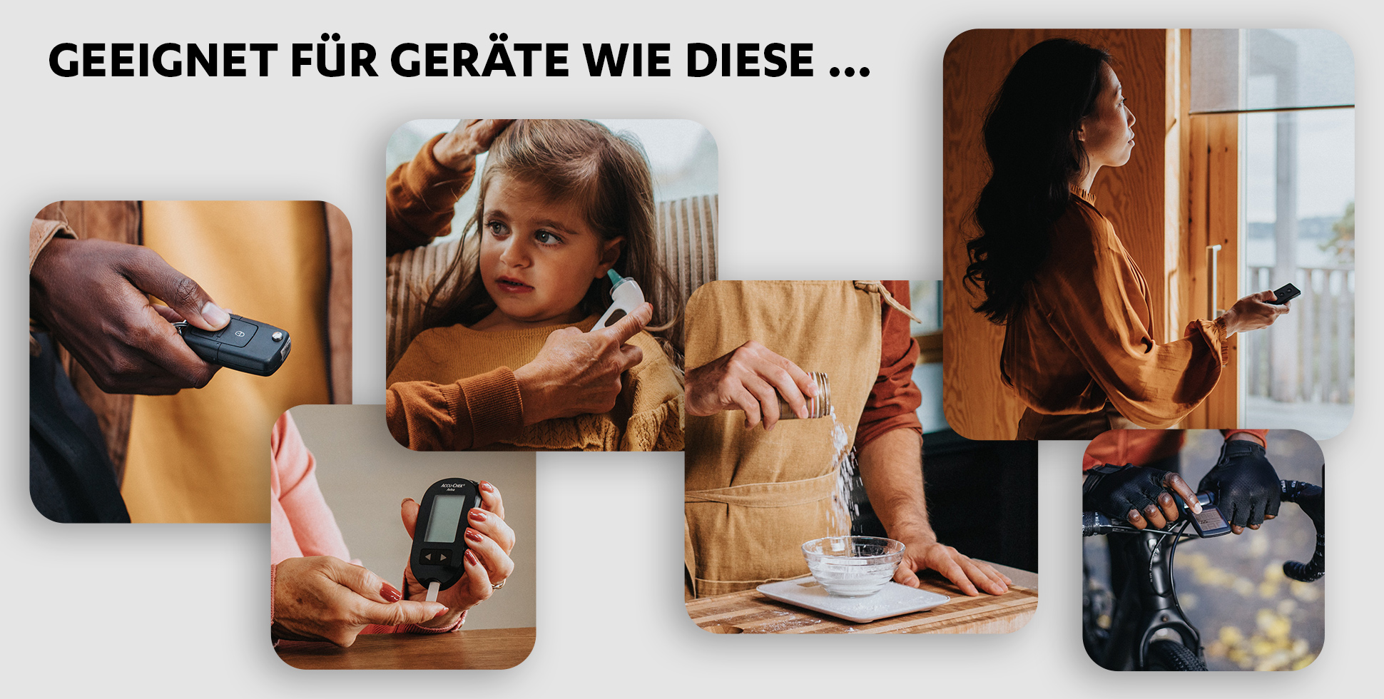 Collage von Personen, die Technologie verwenden: Autoschlüssel, Ohrthermometer, Salz, Frau, Blutzucker, Fahrrad.