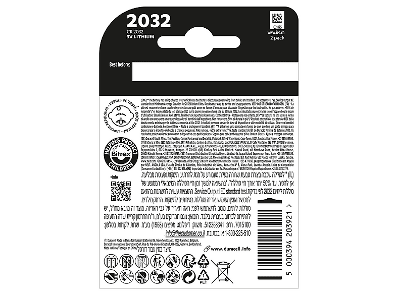 Duracell 2032 Lithium Knopfbatterie, 2er Pack (DL2032/CR2032); Knopfzelle — Foto 2 von 5