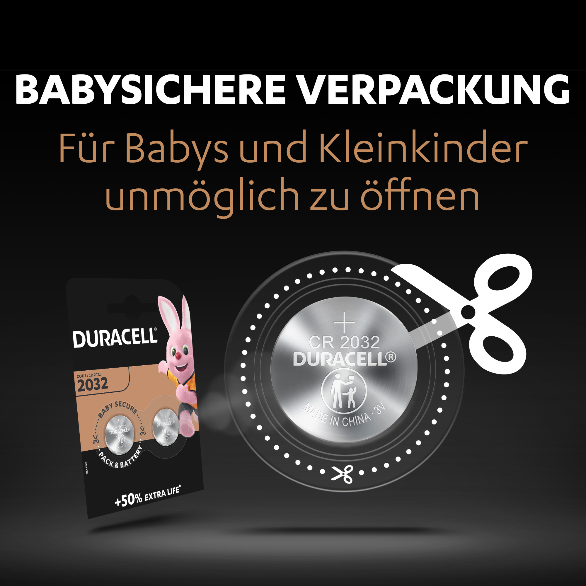 Duracell-Batterien in babysicherer Verpackung mit Scheren-Symbol.