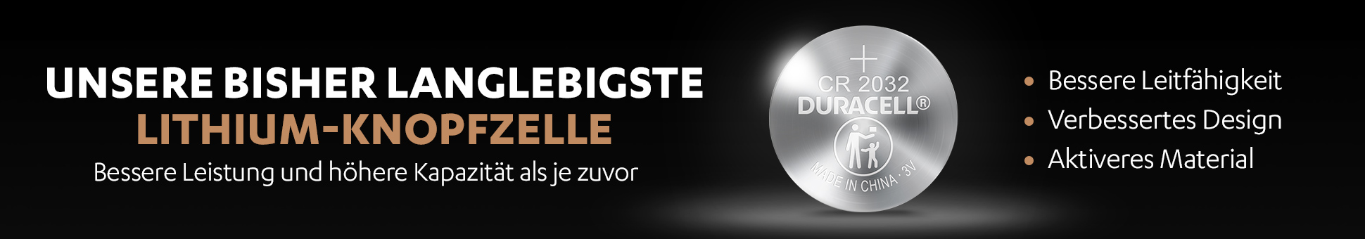 Duracell Lithium-Knopfzelle. Text und Branding auf schwarzem Hintergrund.