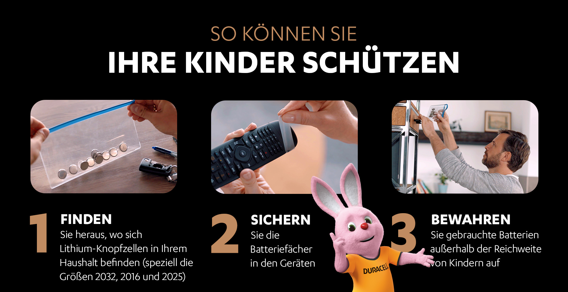 Duracell-Anzeige mit Tipps zur Batteriesicherheit, mit einem lächelnden Häschen.