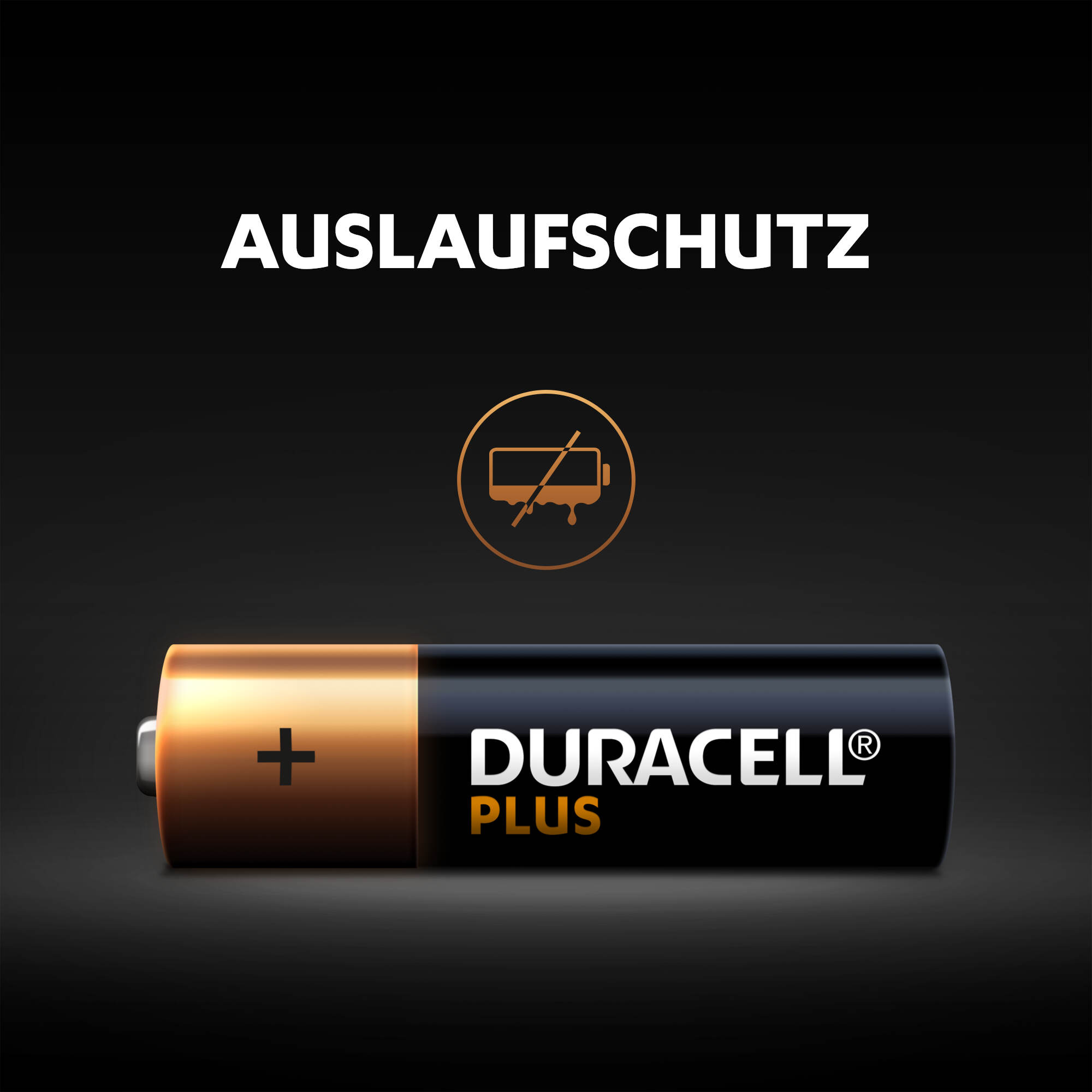 Schwarze Duracell Plus Batterie. Ein Pluszeichen und das Duracell Plus Logo sind darauf.