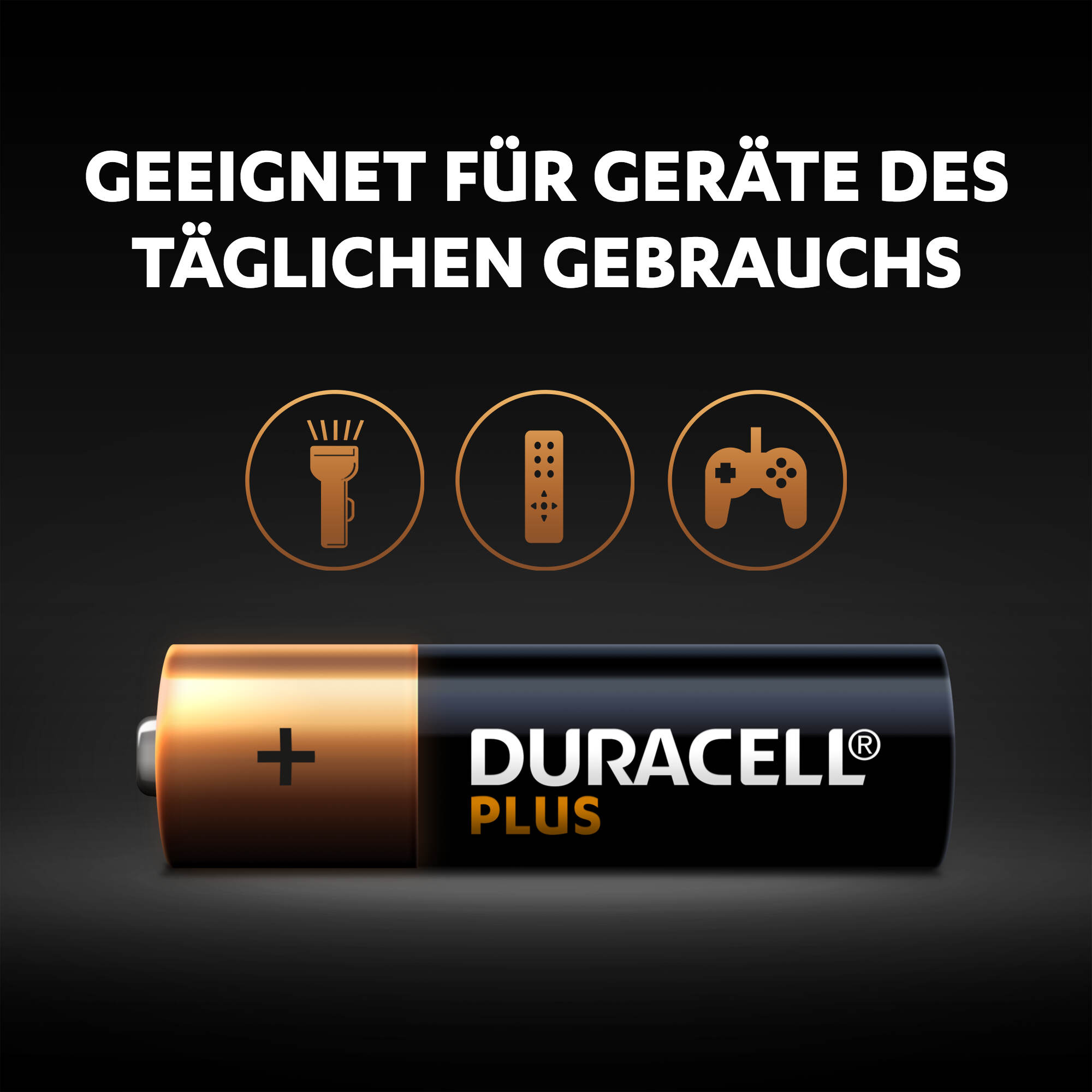 Duracell-Batterie mit Pluszeichen, Icons von Taschenlampe, Fernbedienung und Gamecontroller auf schwarzem Hintergrund.