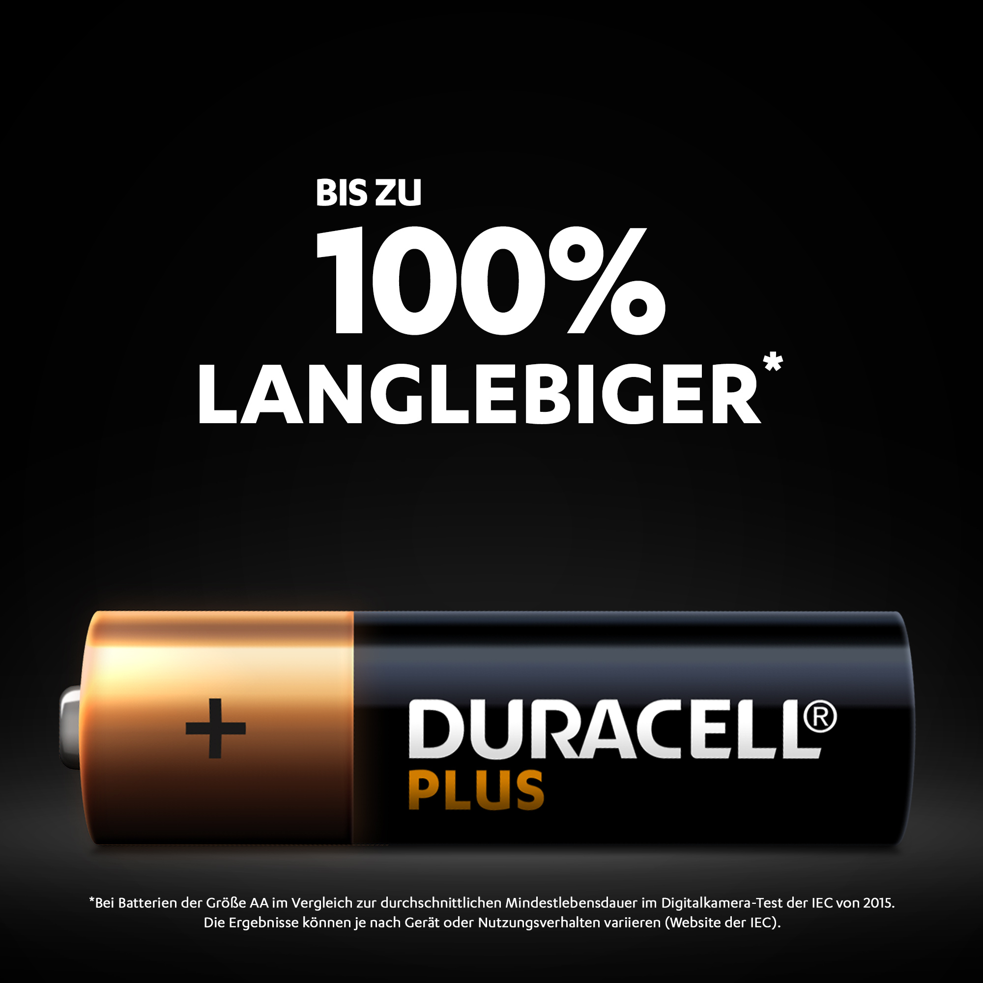 Duracell Plus AA-Batterie, mit Pluszeichen und Text: 100% länger haltbar.