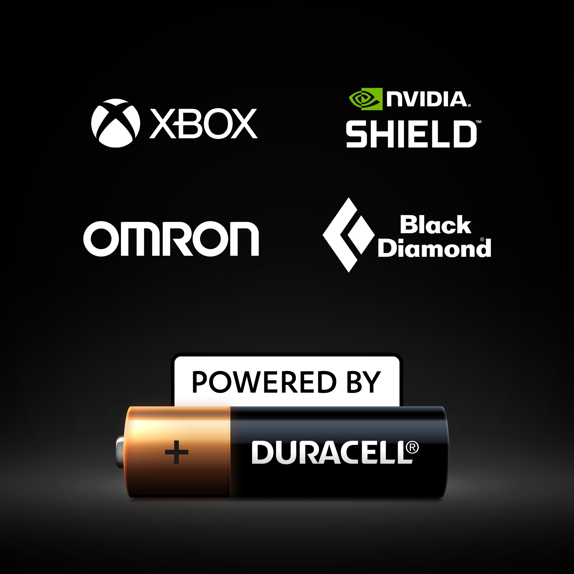 Logos von Xbox, Nvidia Shield, Omron, Black Diamond und Duracell-Batterie auf schwarzem Hintergrund.