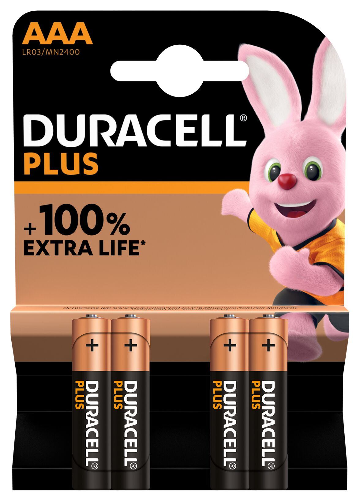 Duracell Plus Batterienpackung. Zwei Batterien und ein pinkes Bunny-Bild.