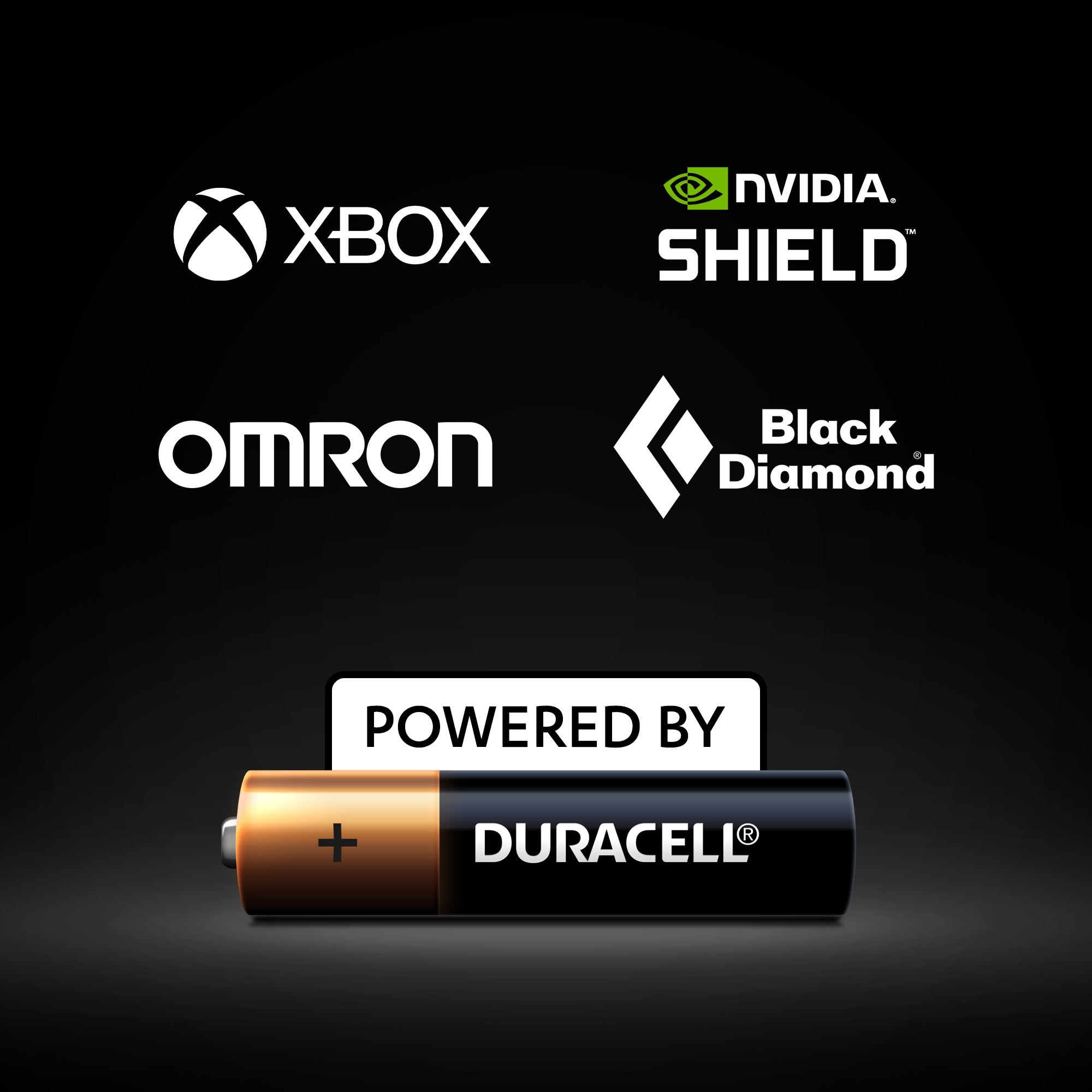 Logos: Xbox, NVIDIA SHIELD, OMRON, Black Diamond. Duracell-Batterie mit Text „Powered by“.