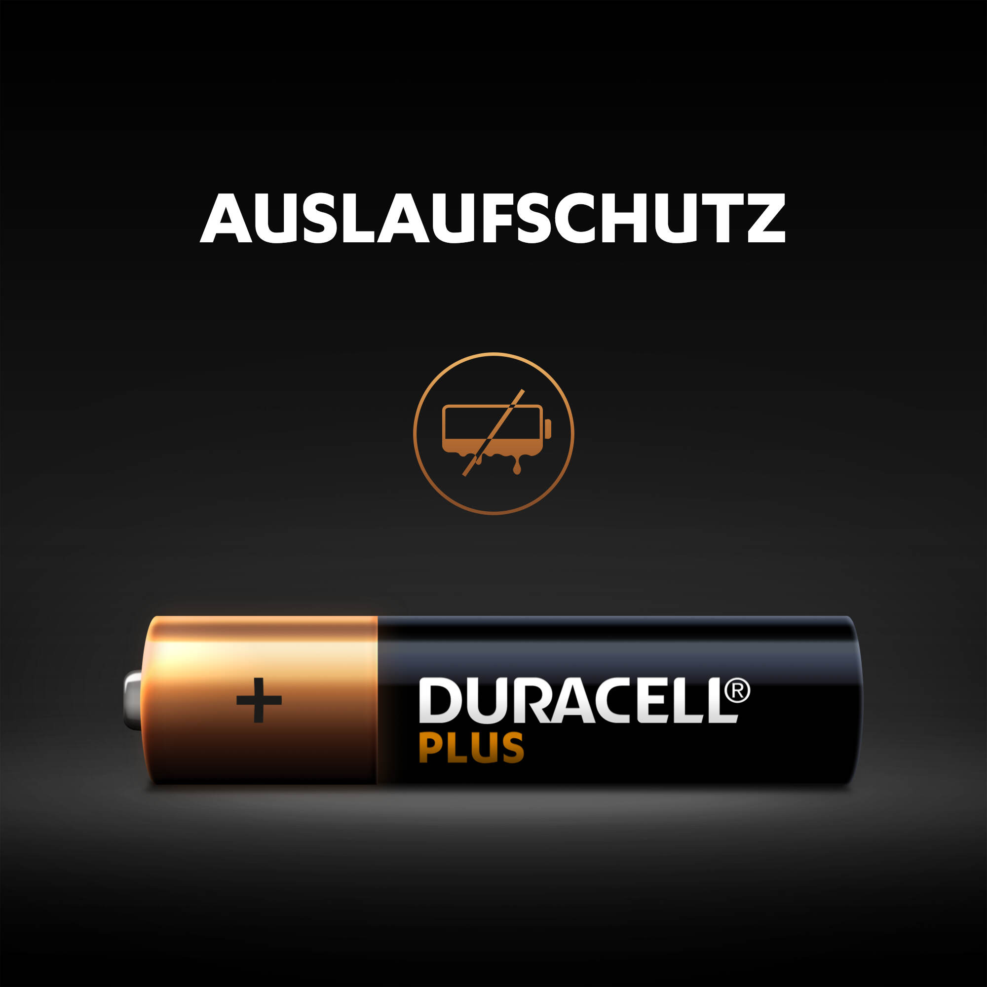Duracell-Batterie mit Pluszeichen und Markenname auf schwarzem Hintergrund.