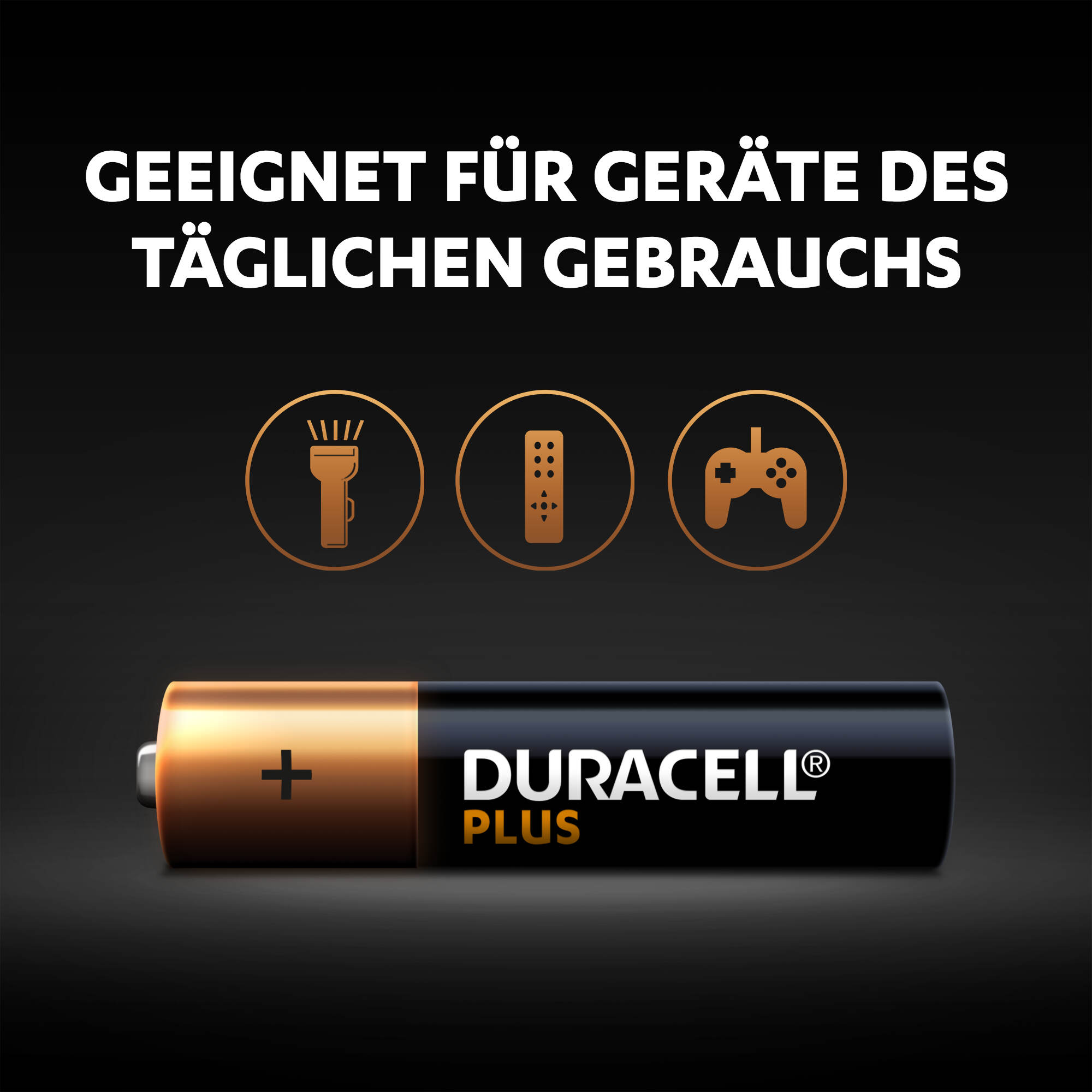 Duracell Plus AA Batterie mit Pluszeichen und Text, mit Symbolen im Hintergrund.