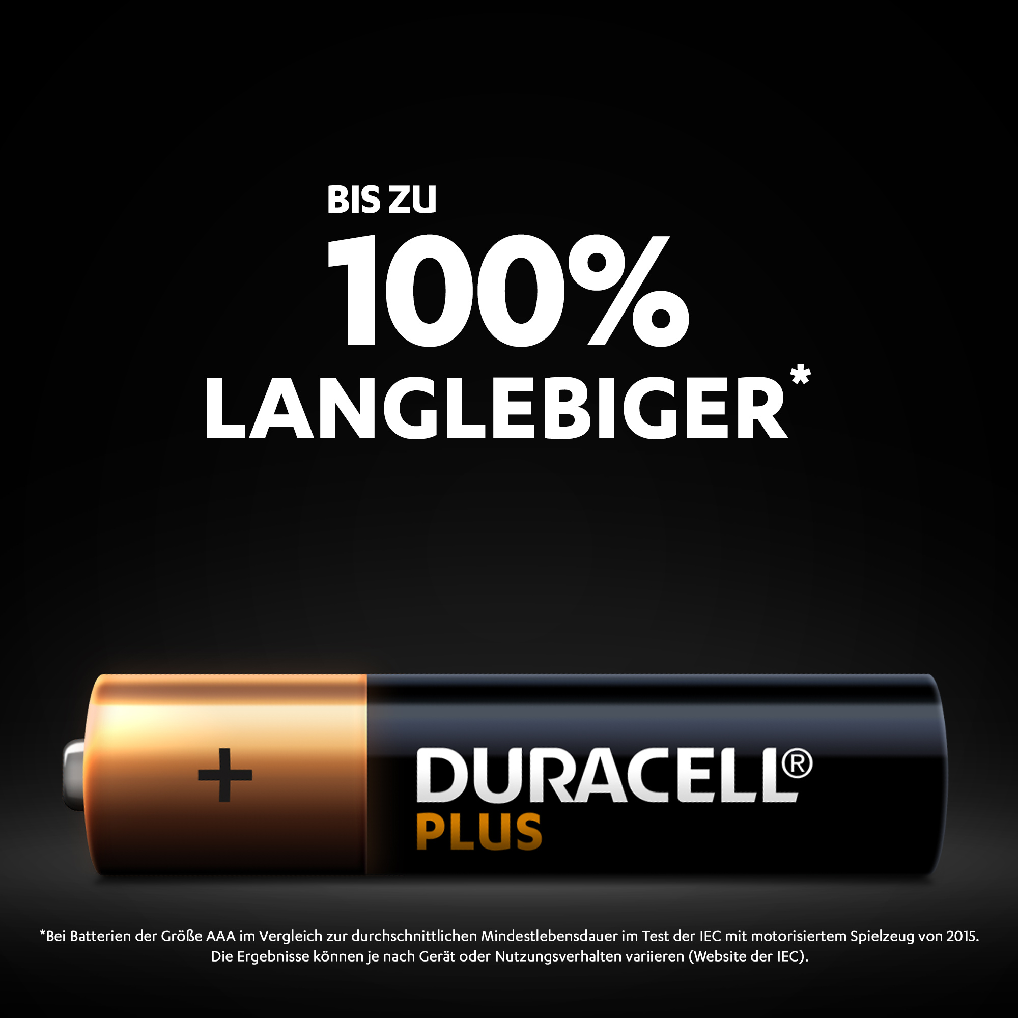 Eine Duracell Plus Batterie, mit Plus- und Minuspol. Text: '100% Langlebiger'.