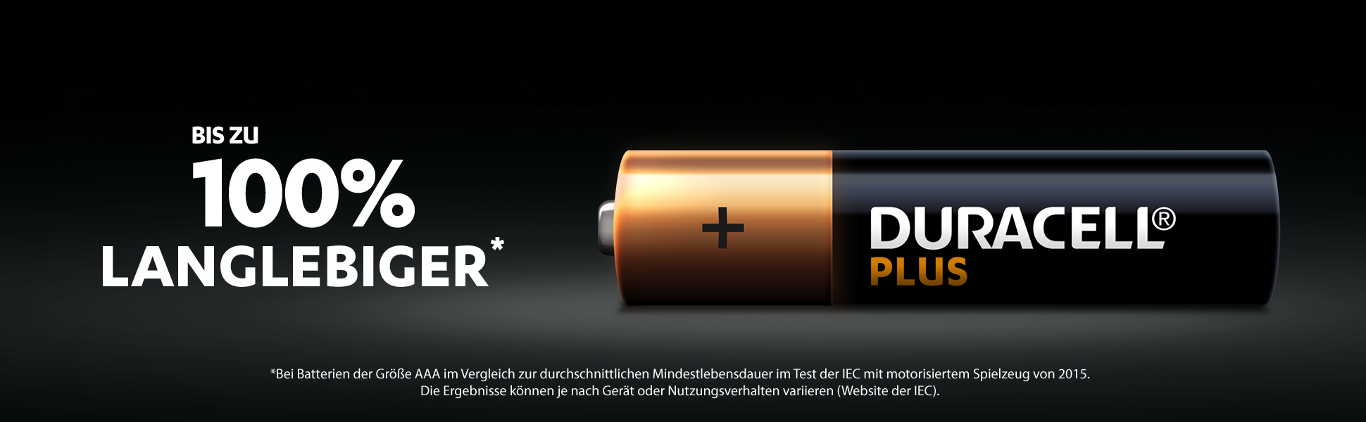 Schwarz-weiße Batterie mit Pluszeichen und Text.