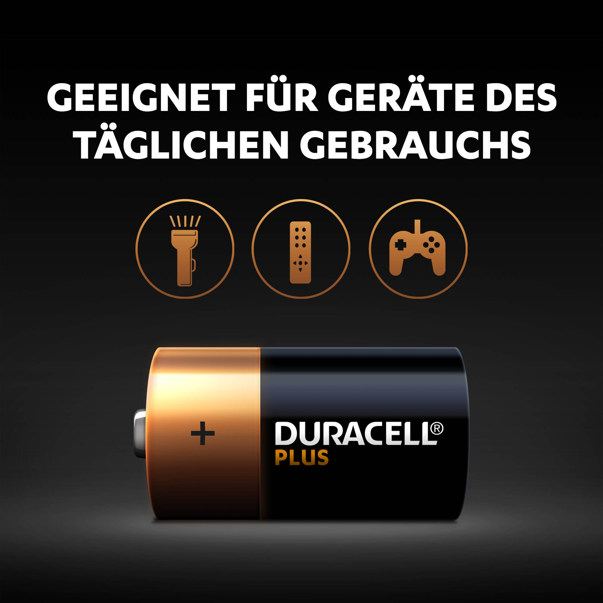 Duracell Plus Batterie mit Symbolen für Taschenlampe, Fernbedienung und Gamecontroller.