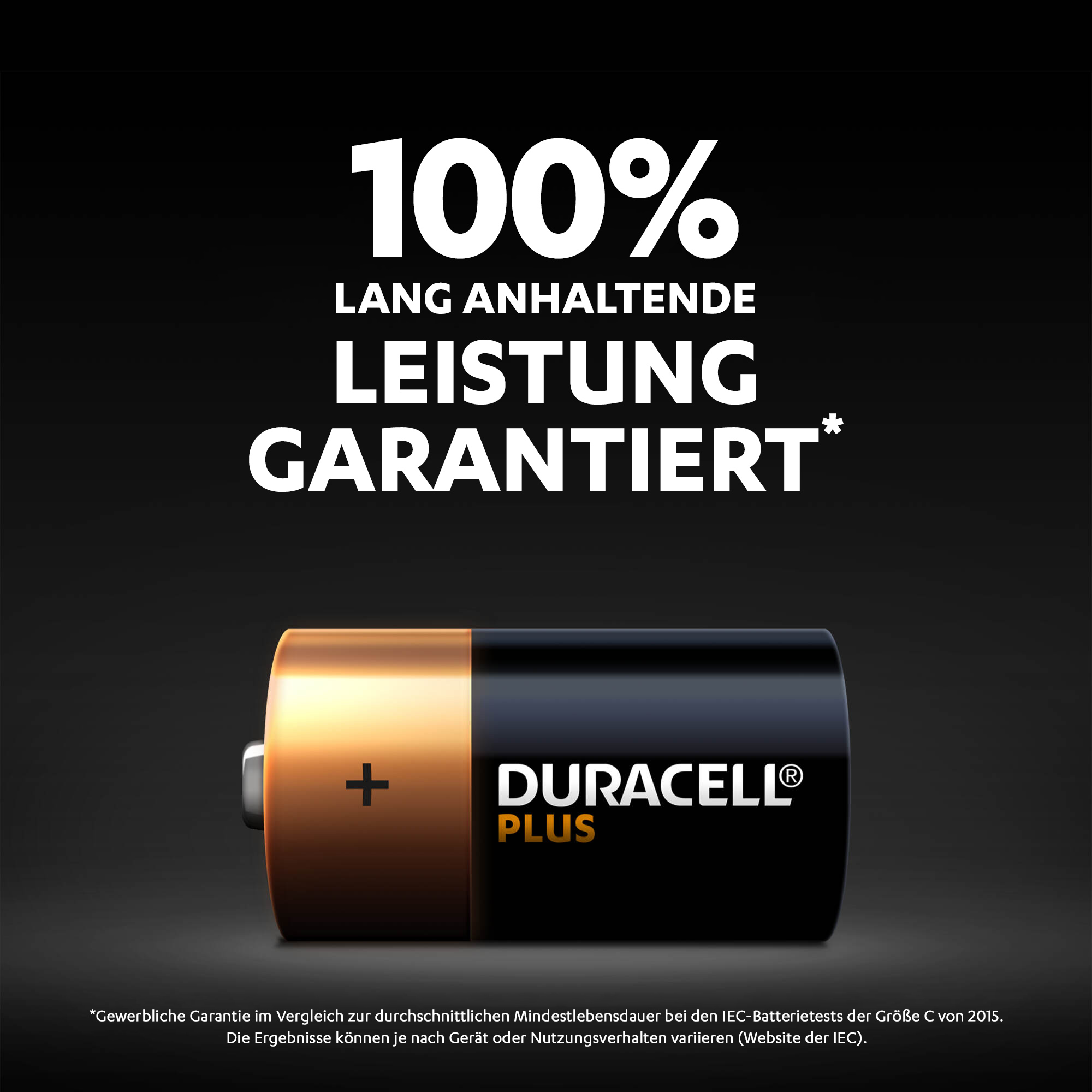 Batterie mit Plus- und Duracell Plus-Text. Der Hintergrund ist schwarz.