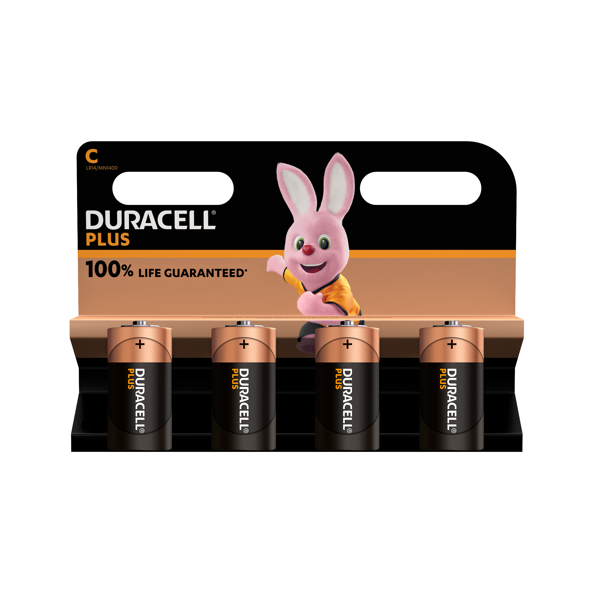Duracell Plus Batterien-Packung mit einem rosa Duracell-Hasen. Vier Batterien unten.