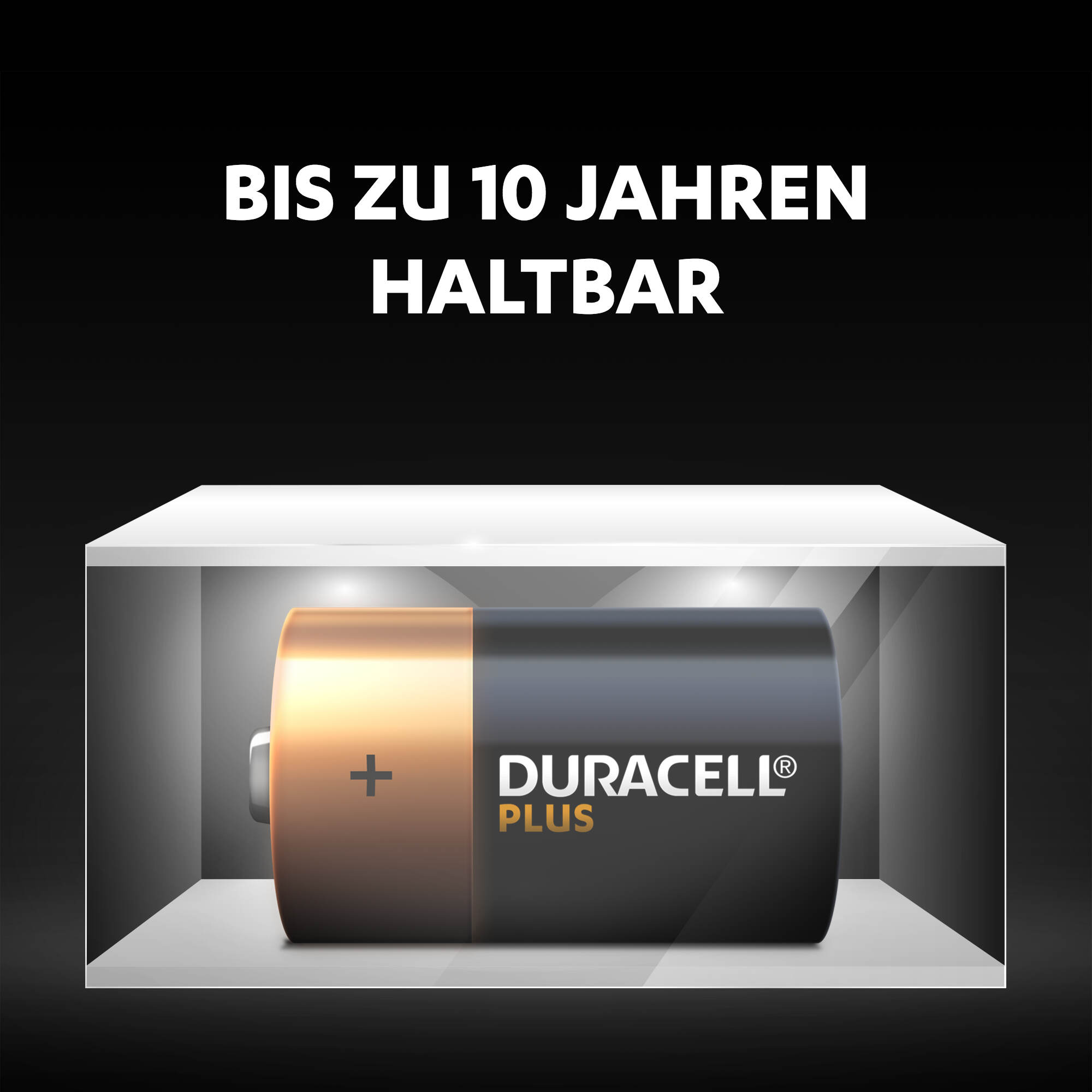 Duracell Plus Batterie in weißer Box, mit Text 'Bis zu 10 Jahre haltbar'.