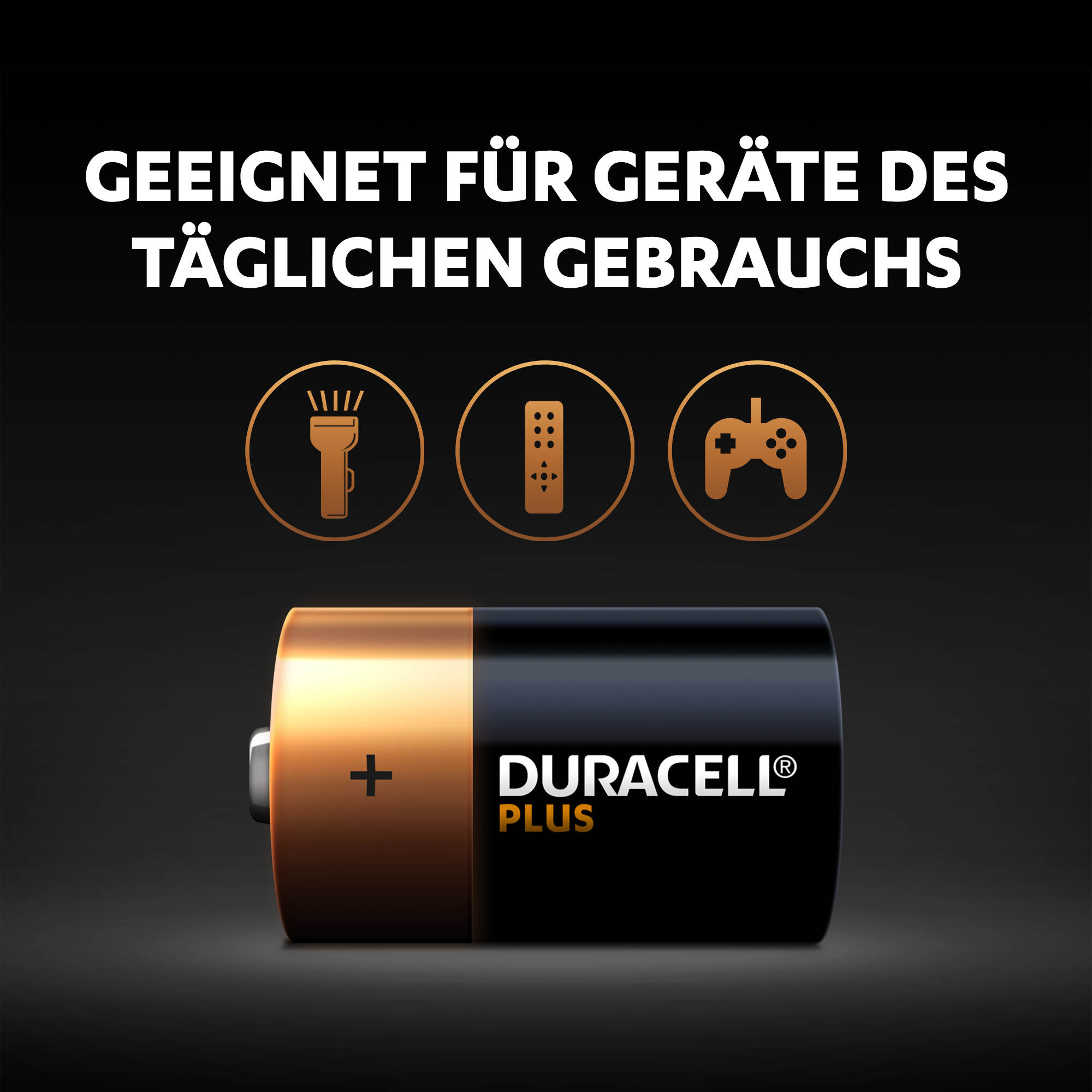 Duracell Plus Batterie mit schwarzem und goldenem Etikett. Symbole für Taschenlampe, Fernbedienung und Gamecontroller werden gezeigt.
