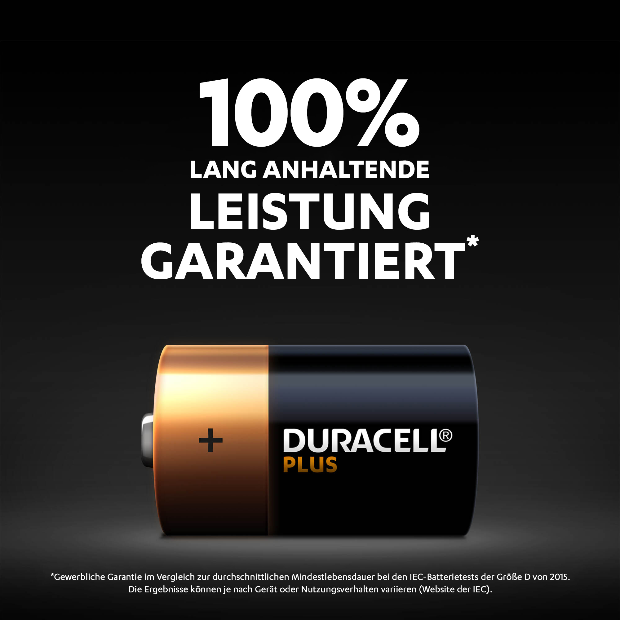 Duracell Plus Batterie mit schwarzem und goldenem Design und einem Pluszeichen. Text: 100% garantiert.