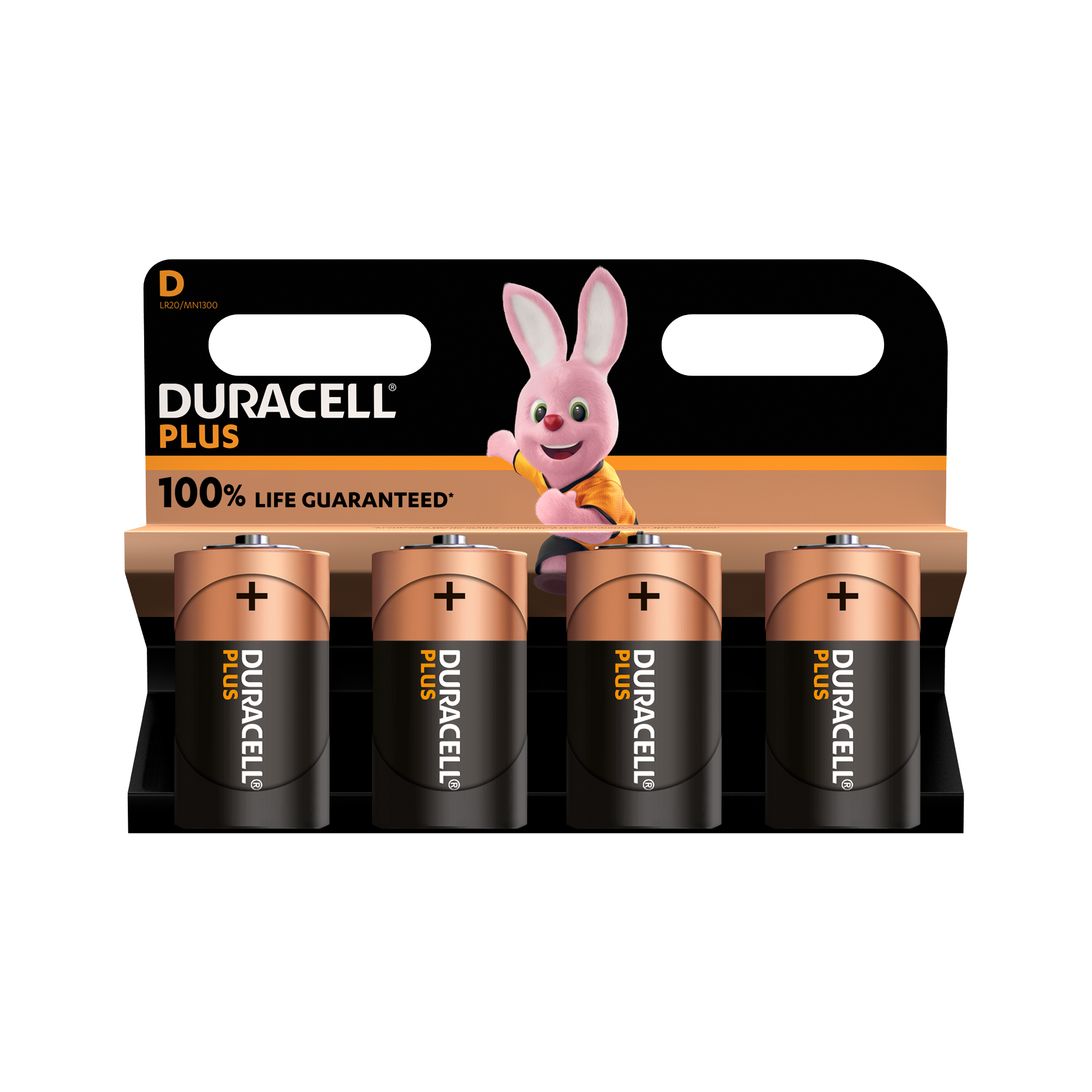 Vier Duracell Plus Batterien, mit einem rosa Hasen und 'Duracell Plus' darauf.