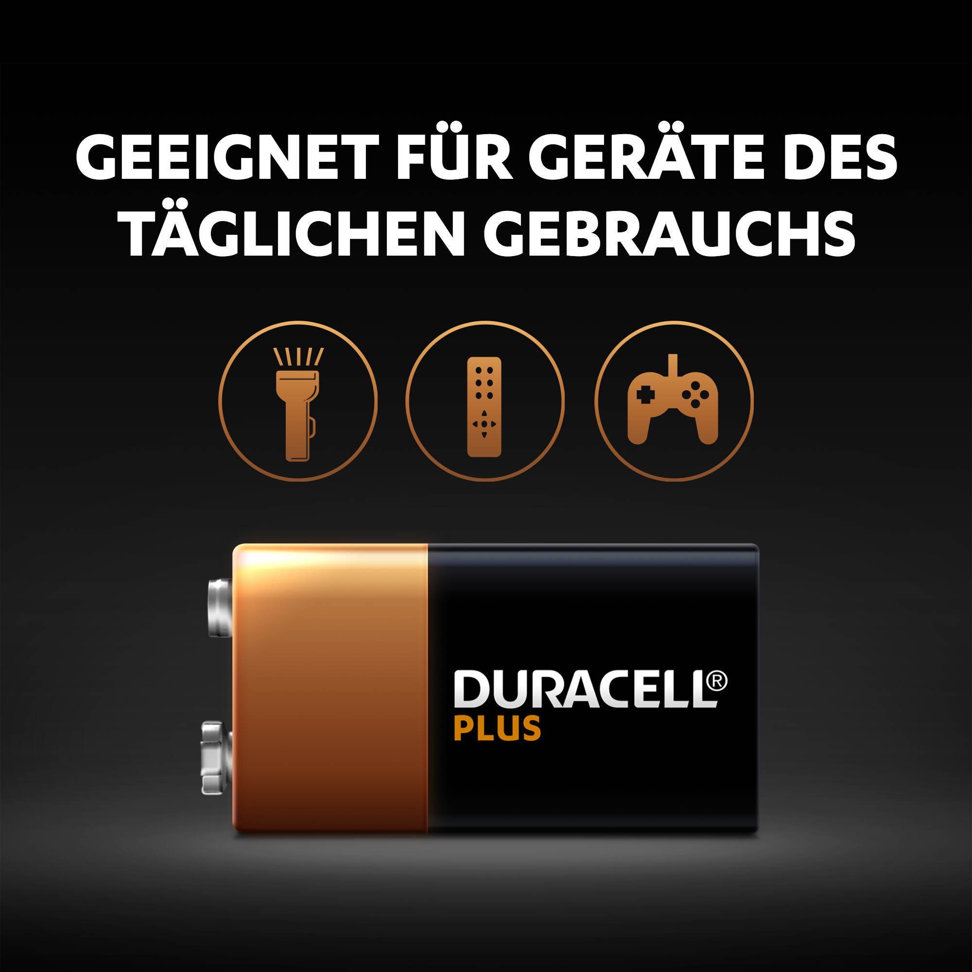 Duracell Plus Batterie, mit Symbolen für Taschenlampe, Fernbedienung und Controller.