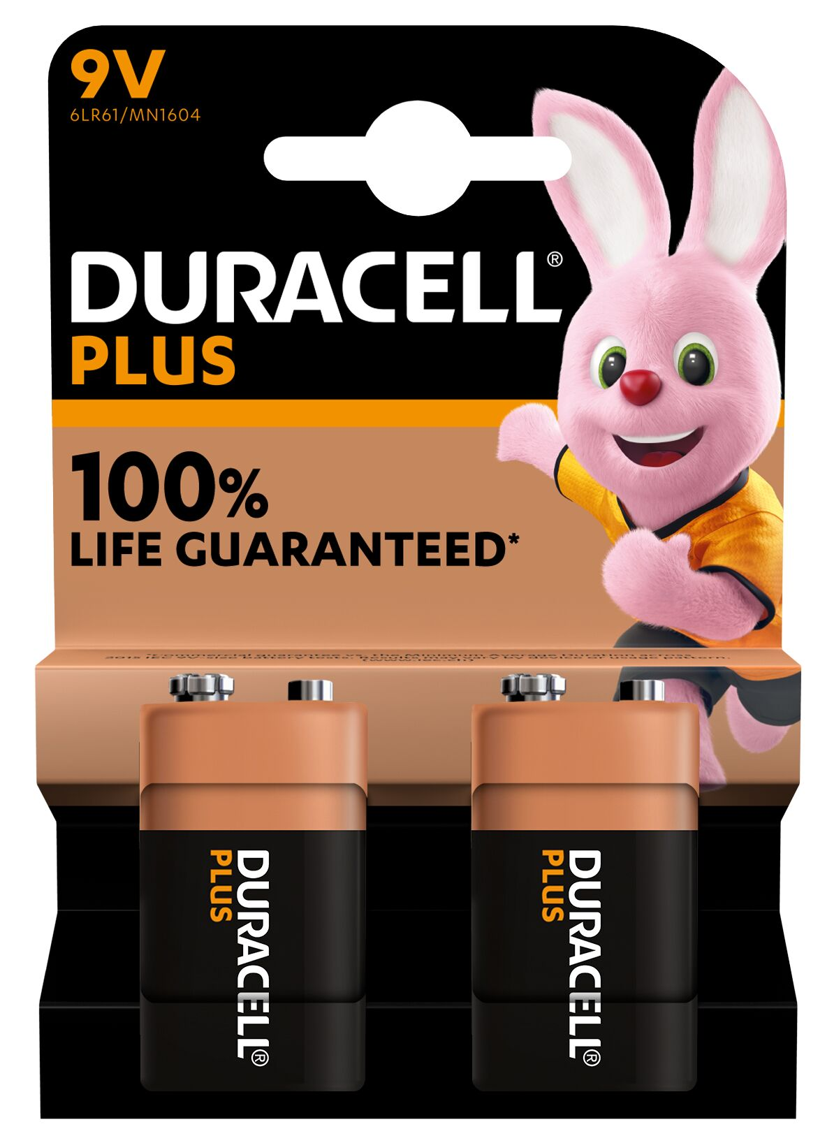 Duracell-Batteriepackung mit zwei Batterien und einem rosa Hasen-Maskottchen.