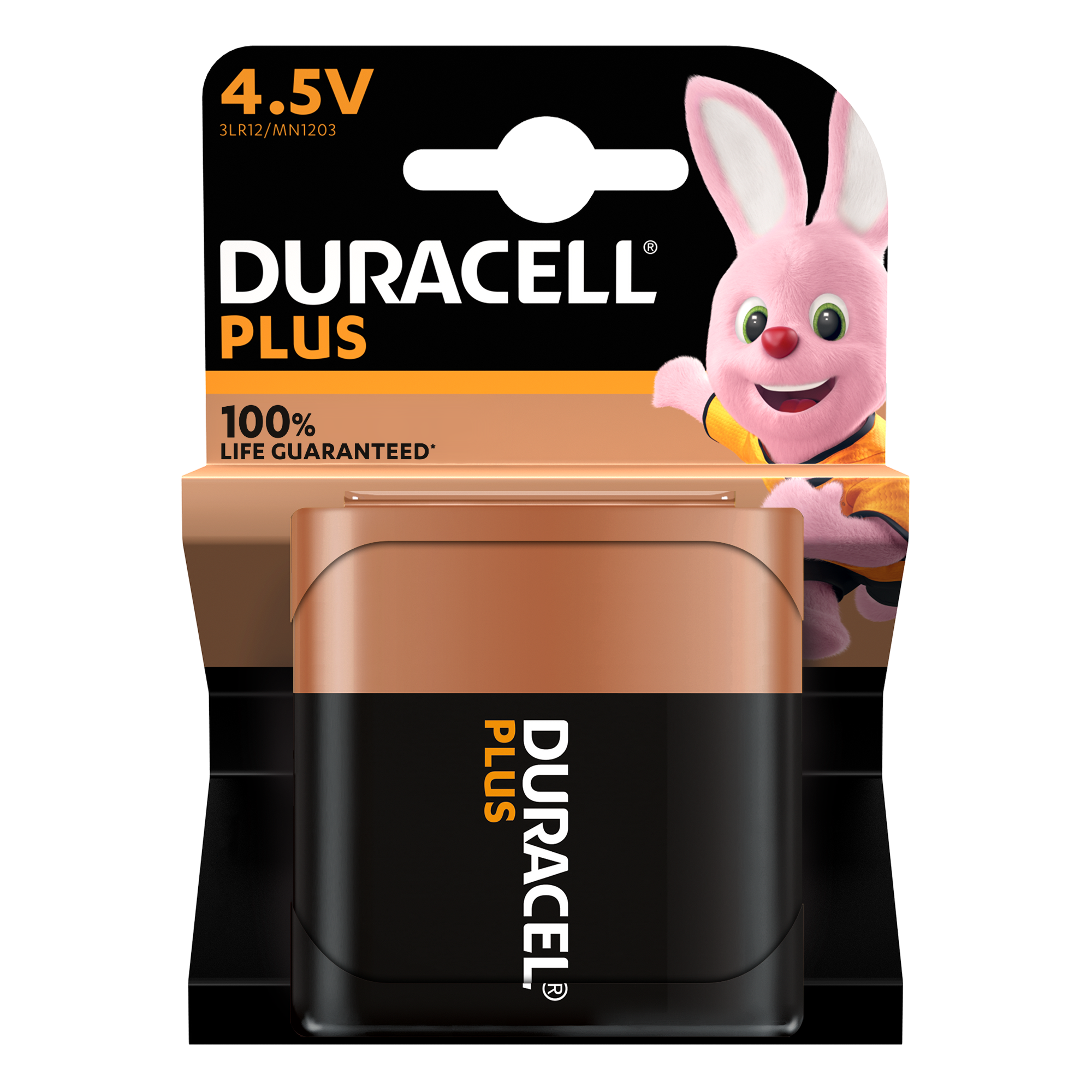 Duracell Plus Batteriepackung. Ein rosa Hase mit gelbem Hemd auf der Seite.