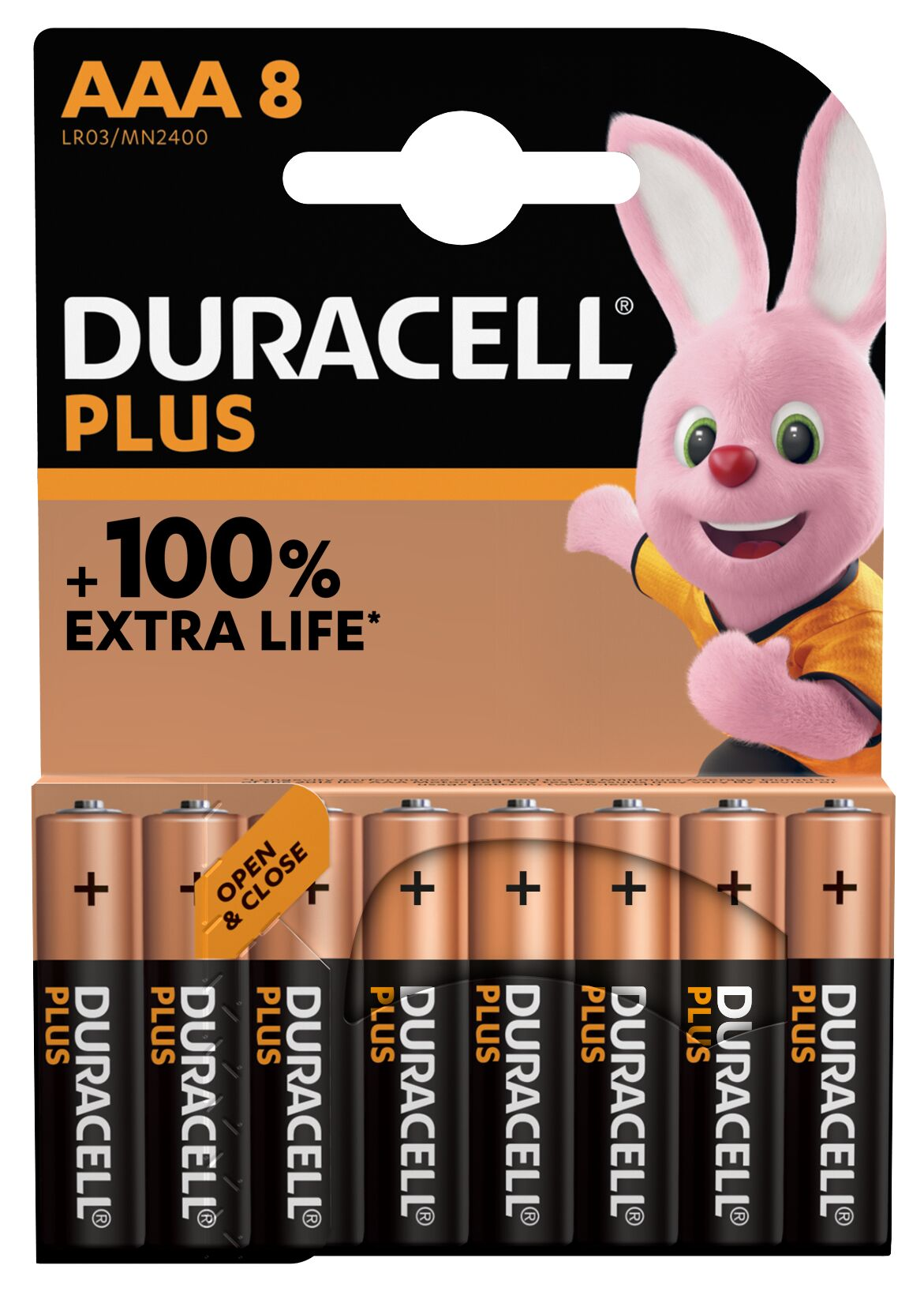 Eine Packung Duracell Plus Batterien, mit einem rosa Hasen.