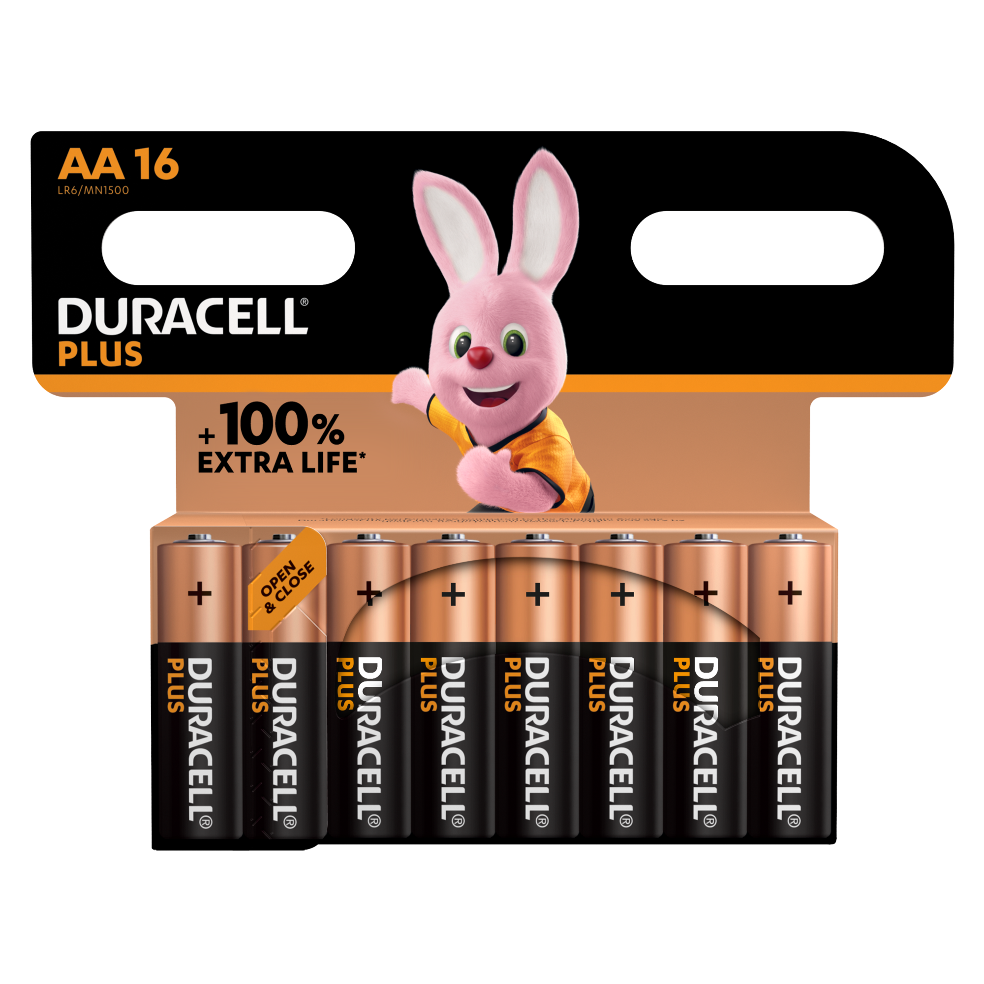 Packung Duracell Plus AA Batterien. Ein rosa Hase ist abgebildet, mit dem Text '100% Extra Life'.