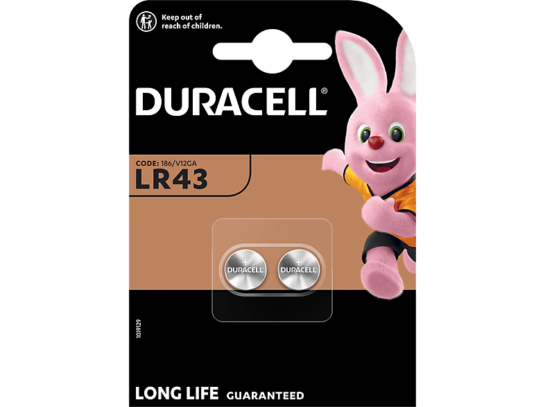 Duracell LR43 Alkaline Knopfbatterie, 2er Pack (186/V12GA); Knopfzelle