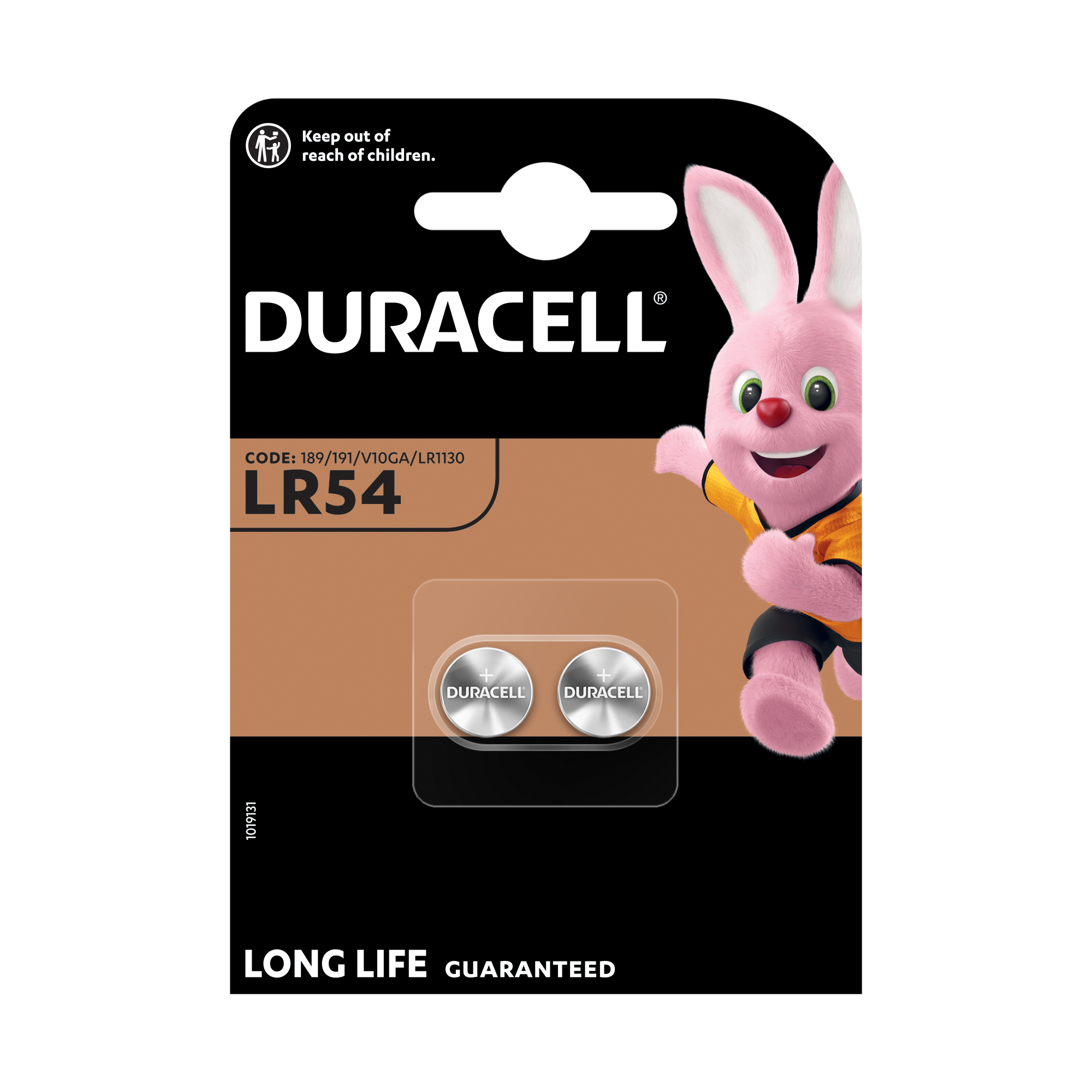Duracell LR54 Batterien-Packung. Pinker Duracell-Hase rechts. Sagt Long Life Guaranteed.