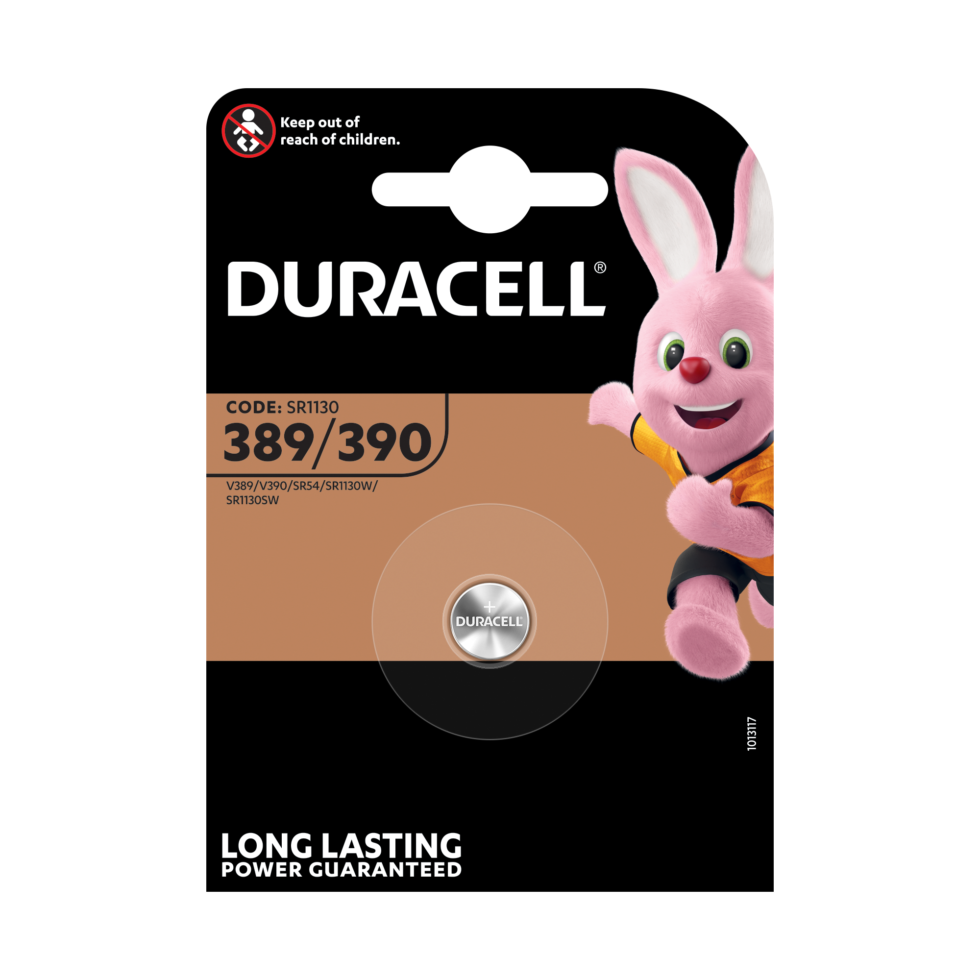 Duracell-Batteriepackung mit einem rosa Kaninchen-Maskottchen. Der Text lautet '389/390' und 'Darf nicht in die Hände von Kindern gelangen'.
