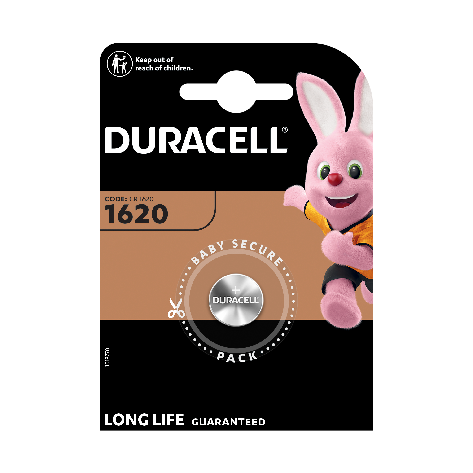 Duracell-Batteriepack mit rosa Häschen-Maskottchen.