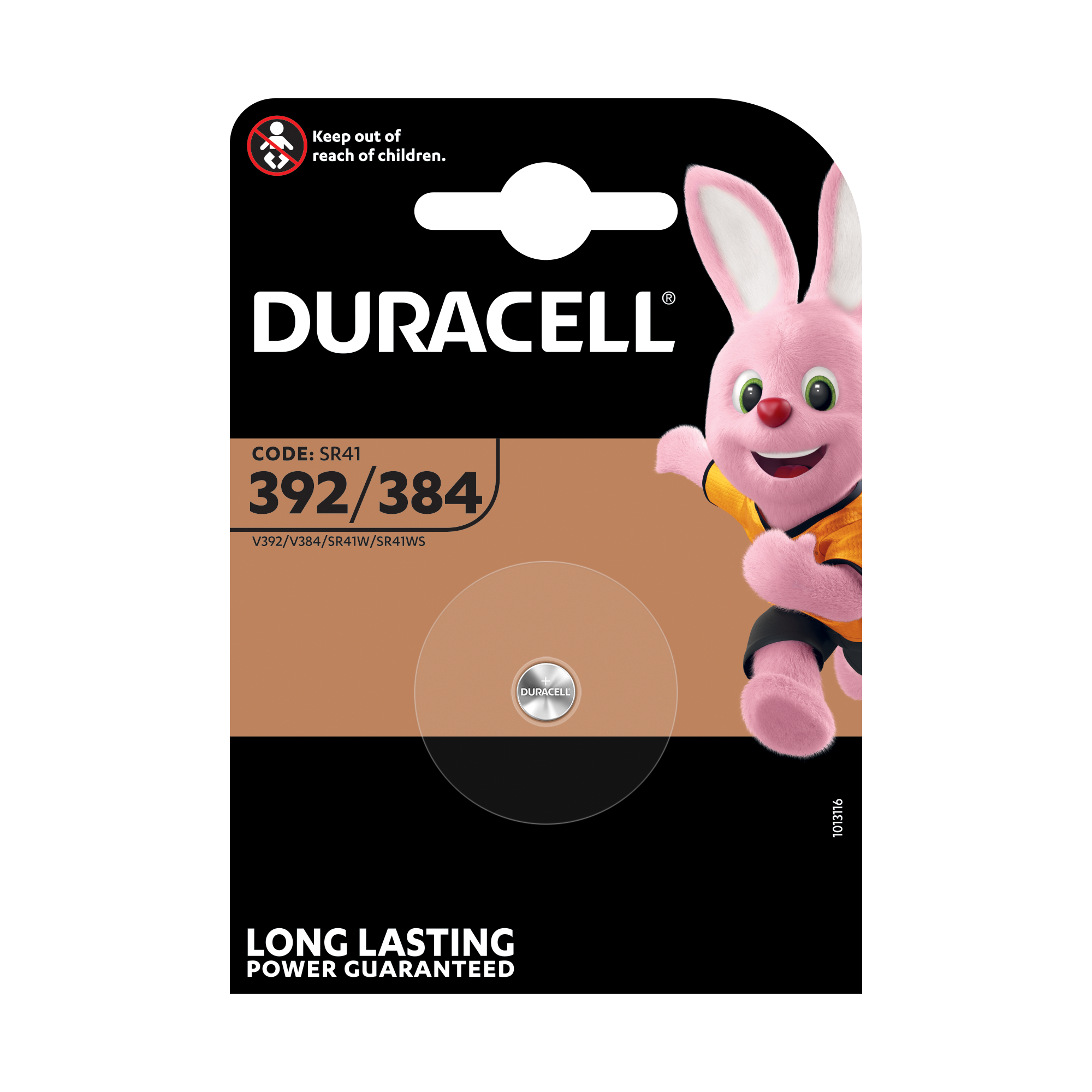 Duracell-Batterieverpackung mit rosa Häschen-Maskottchen. Enthält eine Knopfzellenbatterie. Schwarzer Hintergrund.