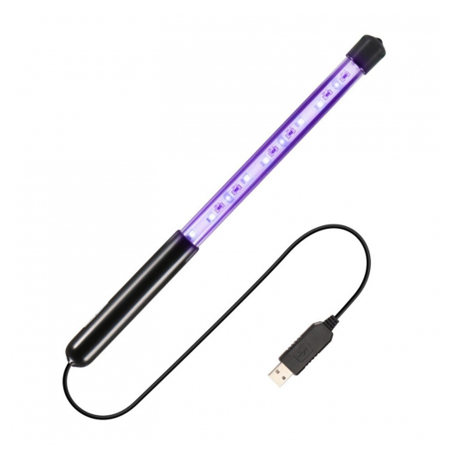 Una luz UV. Mango negro y conector USB. La luz es morada. Fondo blanco.