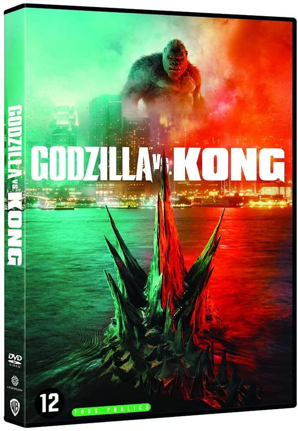 Boîtier DVD de Godzilla vs Kong, avec une ville et une image du monstre Kong.