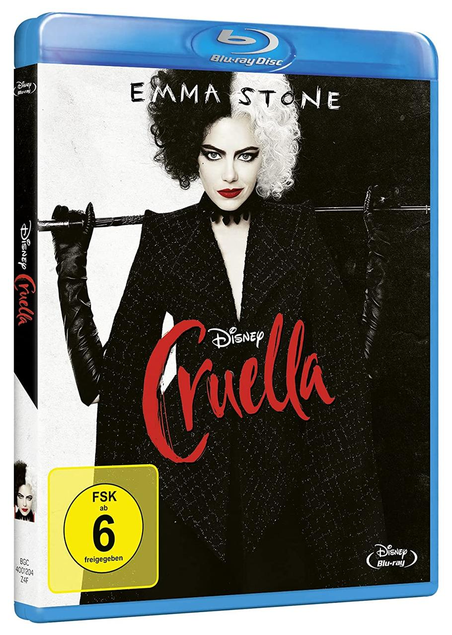 Filmcover des Films Cruella. Emma Stone ist auf dem Cover mit schwarz-weißem Haar.