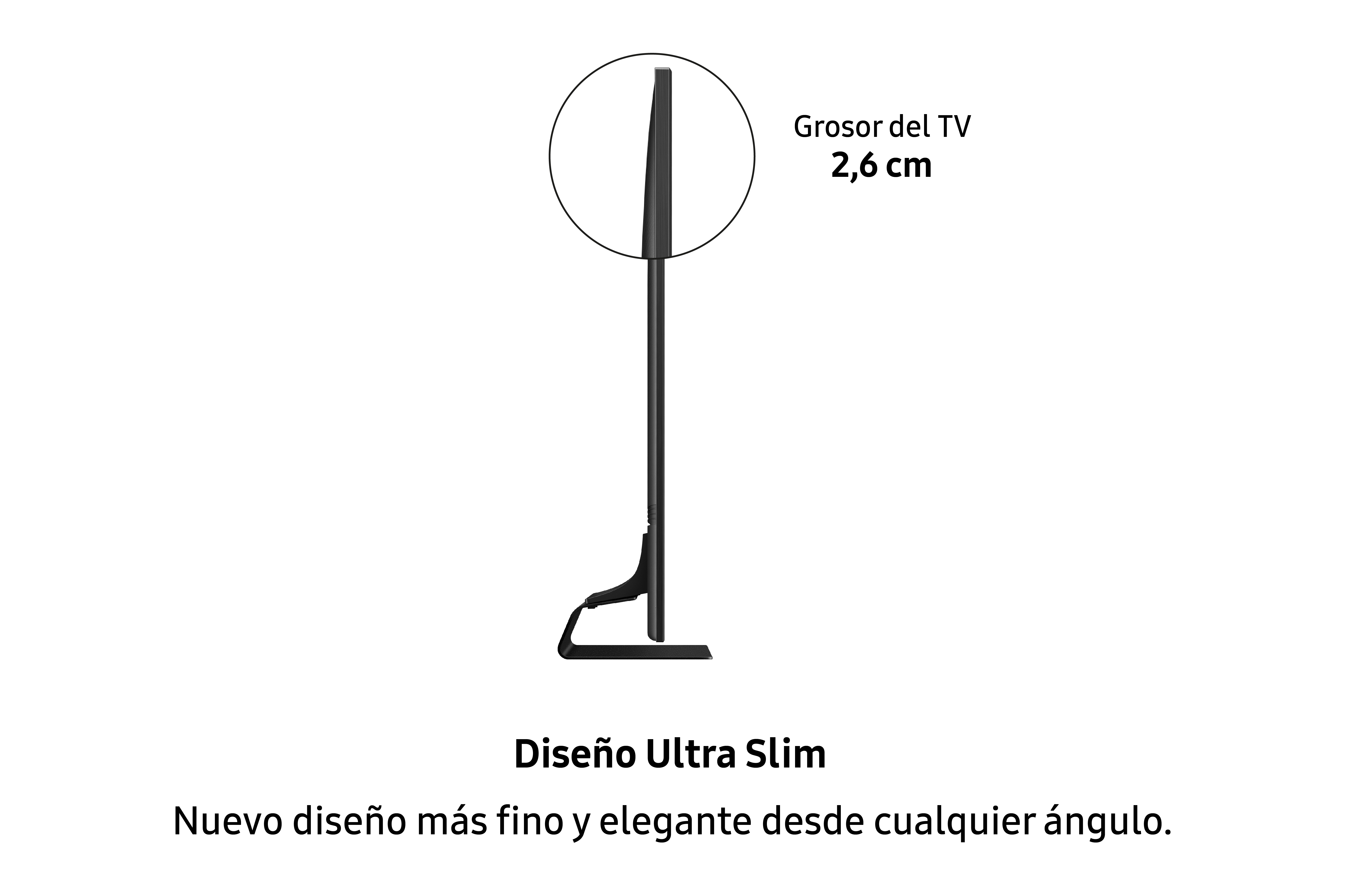 Vista lateral de TV. El texto muestra que el grosor es de 2,6 cm y el diseño es Ultra Slim.